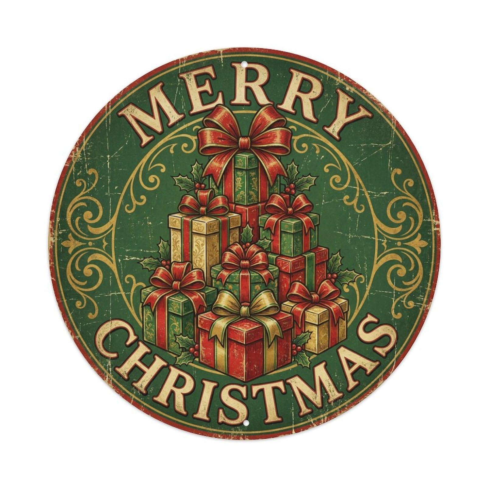 Merry Christmas Gift Stack Ribbon Bow Metal Tin Sign