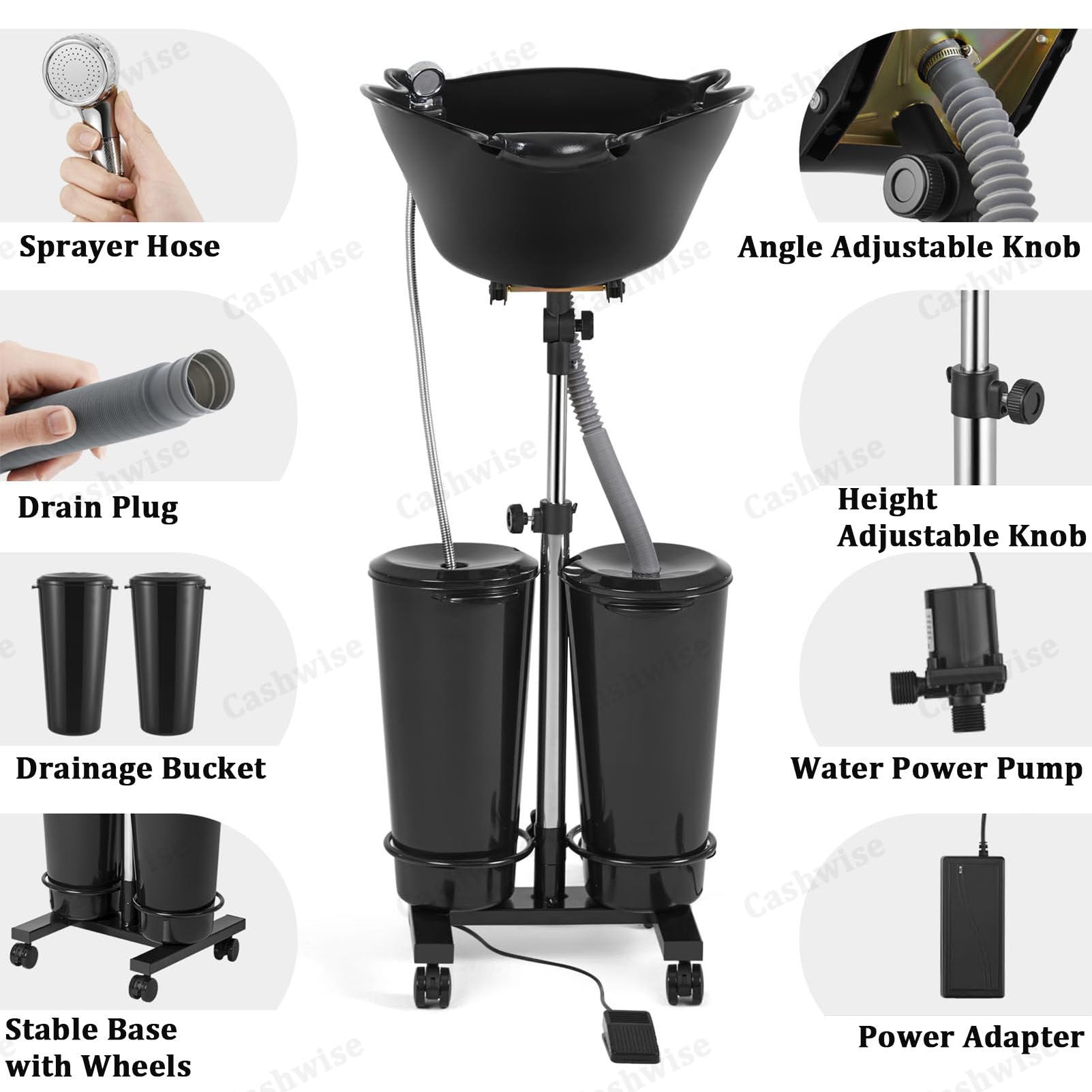 Lavabo de champú portátil con bomba eléctrica y ajuste de altura para lavado de cabello en casa y salón móvil