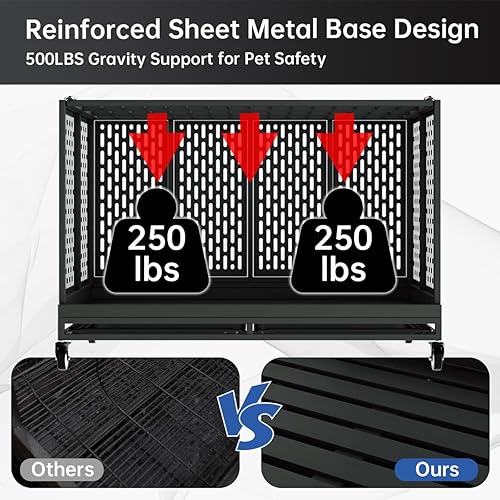 Miniatura 4 de Jaula para perros de 48 pulgadas resistente con ruedas, jaula plegable de metal para perros grandes y medianos, jaula para perros indestructible
