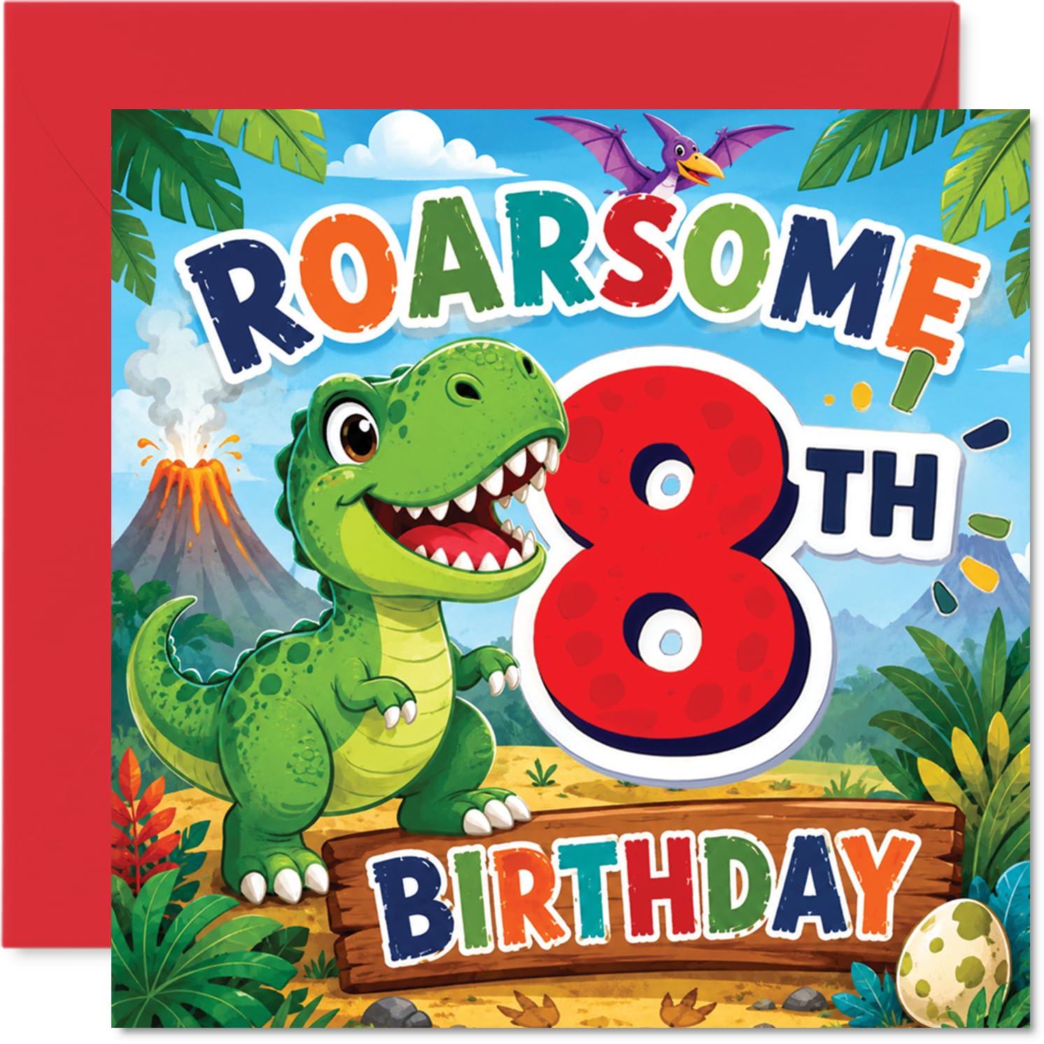 Playful 8th Birthday Card - Roaring into Eight - Colourful Cartoon T-rex in a Jungle with Volcano and Giant Red 8-145mm Square, Envelope Included