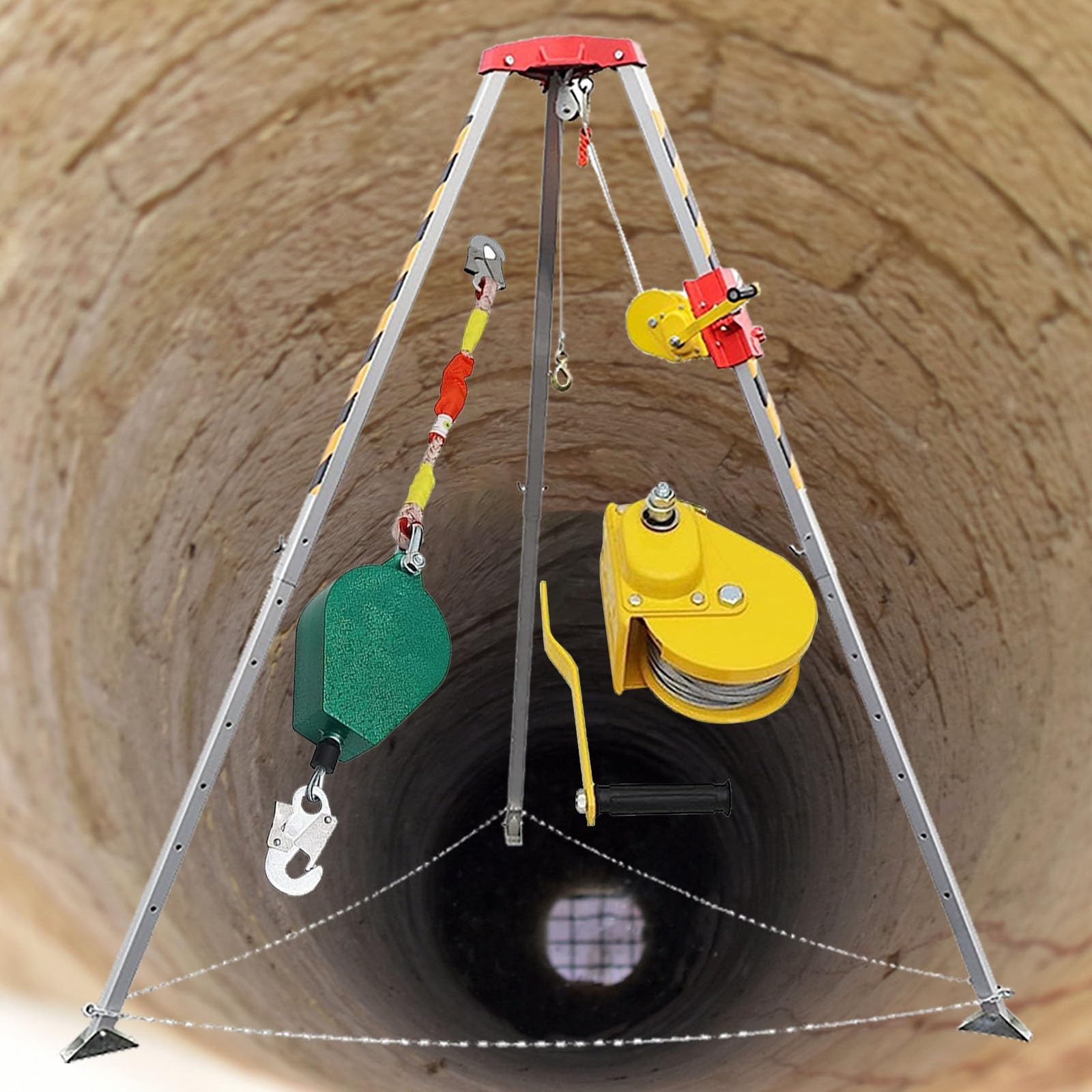 Aluminum Confined Space Tripod Emergency, Heavy Duty Rescue Tripod Hoist Bracket for Wellhead Exploration/ Manhole Vertical Entry/ Firefighting Rescuing, With Safety Harness & Fall Protection(2600lbs)