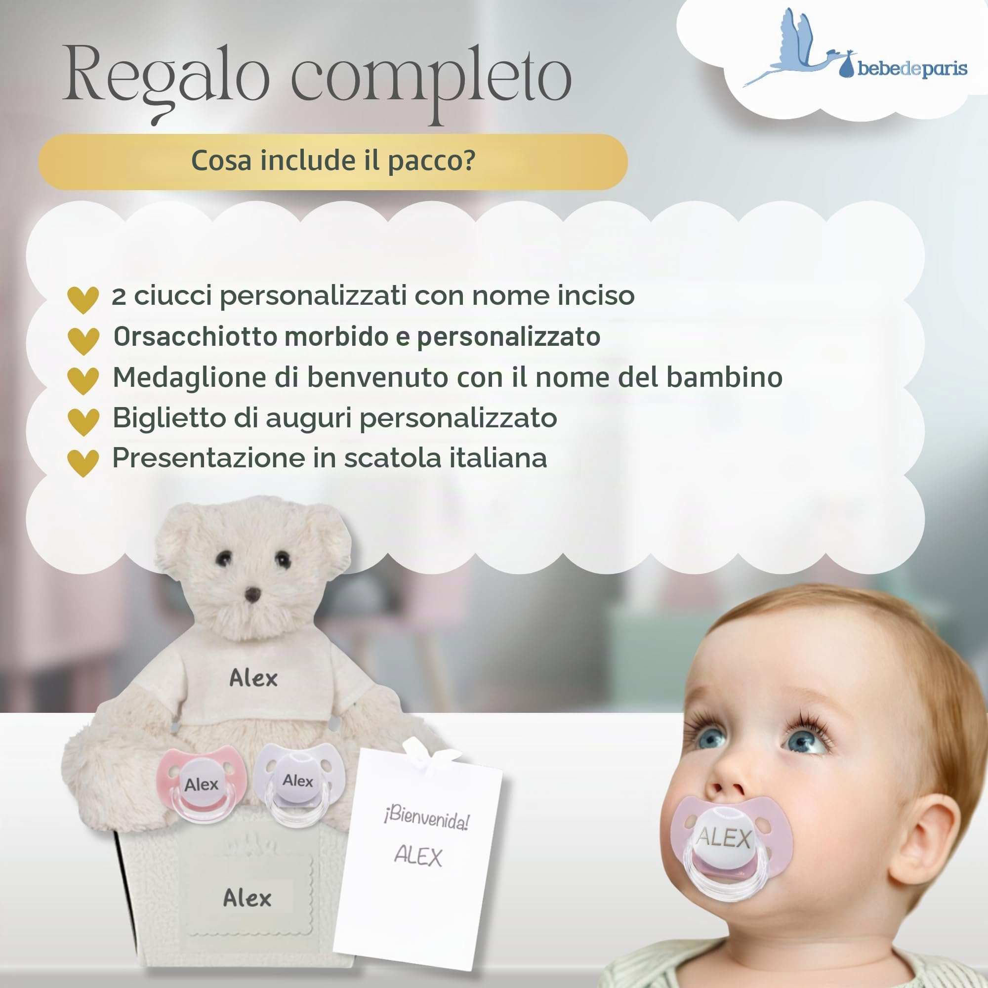 Regalo personalizzato per la nascita | 2 Ciucci per Bambini Personalizzati | per Neonati 0/6 Mesi Senza BPA i orsacchiotto personalizzato in scatola personalizzata | BebeDeParis