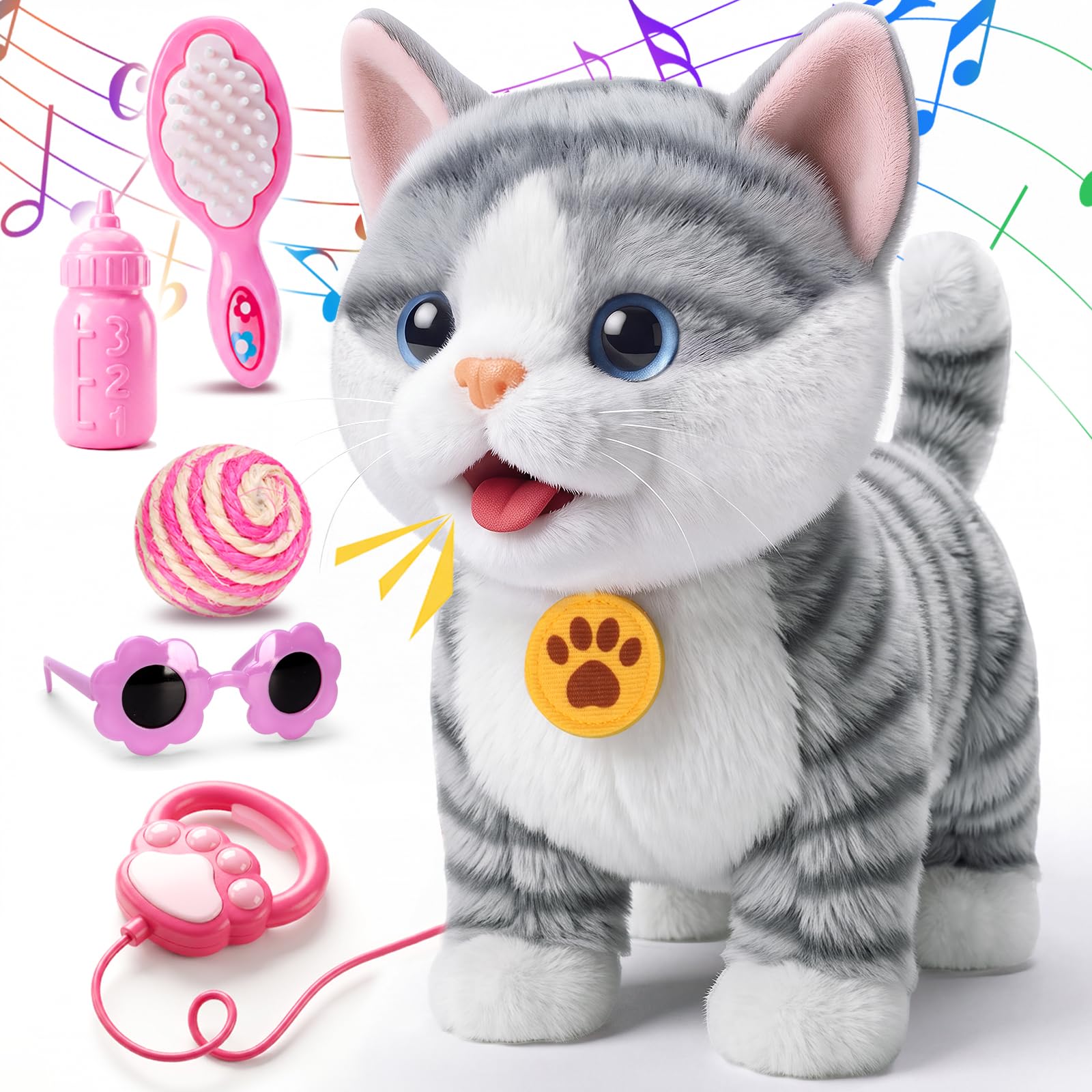 Amazon.com: Gray Walking Cat Toy Kitten for Girl Talks Meows Licks