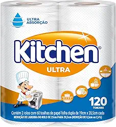 Papel Toalha Kitchen Folha Dupla - Pack com 2 rolos de 60 unidades de 19x22 cm cada