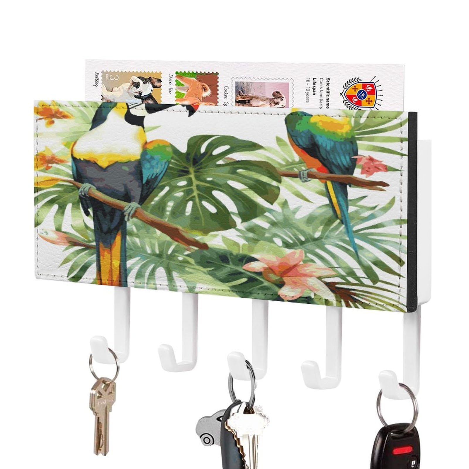 Vstadank White-Style Toucans Parrot Palm Tree Leaves Key Holder For Wall Mount With 5 Hooks Decorative Key And Mail Holder Farmhouse Wall Hooks With Shelf Pu Leather Key Rack With Mail Holders For Entryway Home
