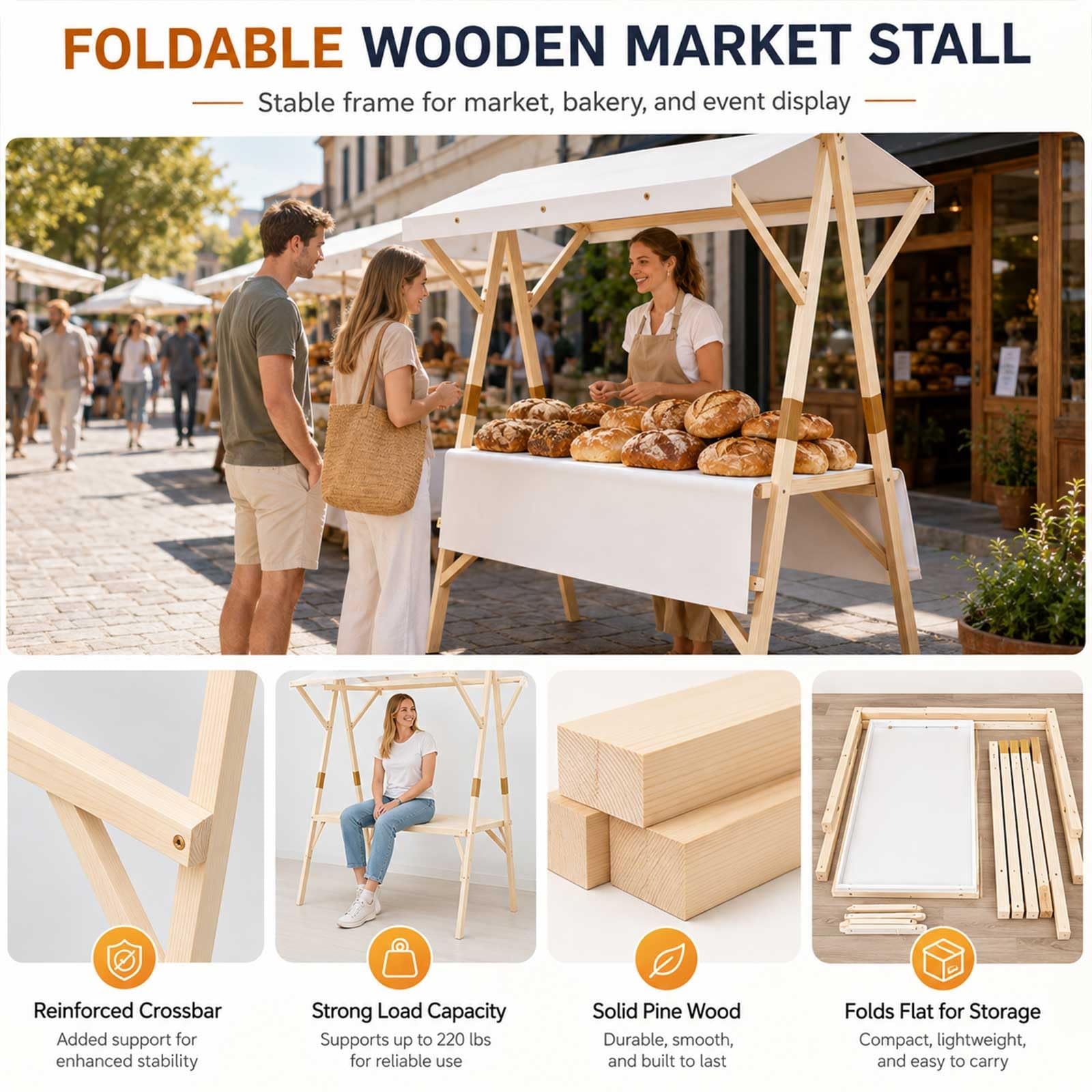 Carrito Portátil para Vendedores Al Aire Libre, Carro Plegable con Toldo para Comida Callejera, Mercados Agrícolas, Ferias, Eventos, Snacks, Expositor Móvil, Venta Ambulante(Pink2,59.1in/150cm)