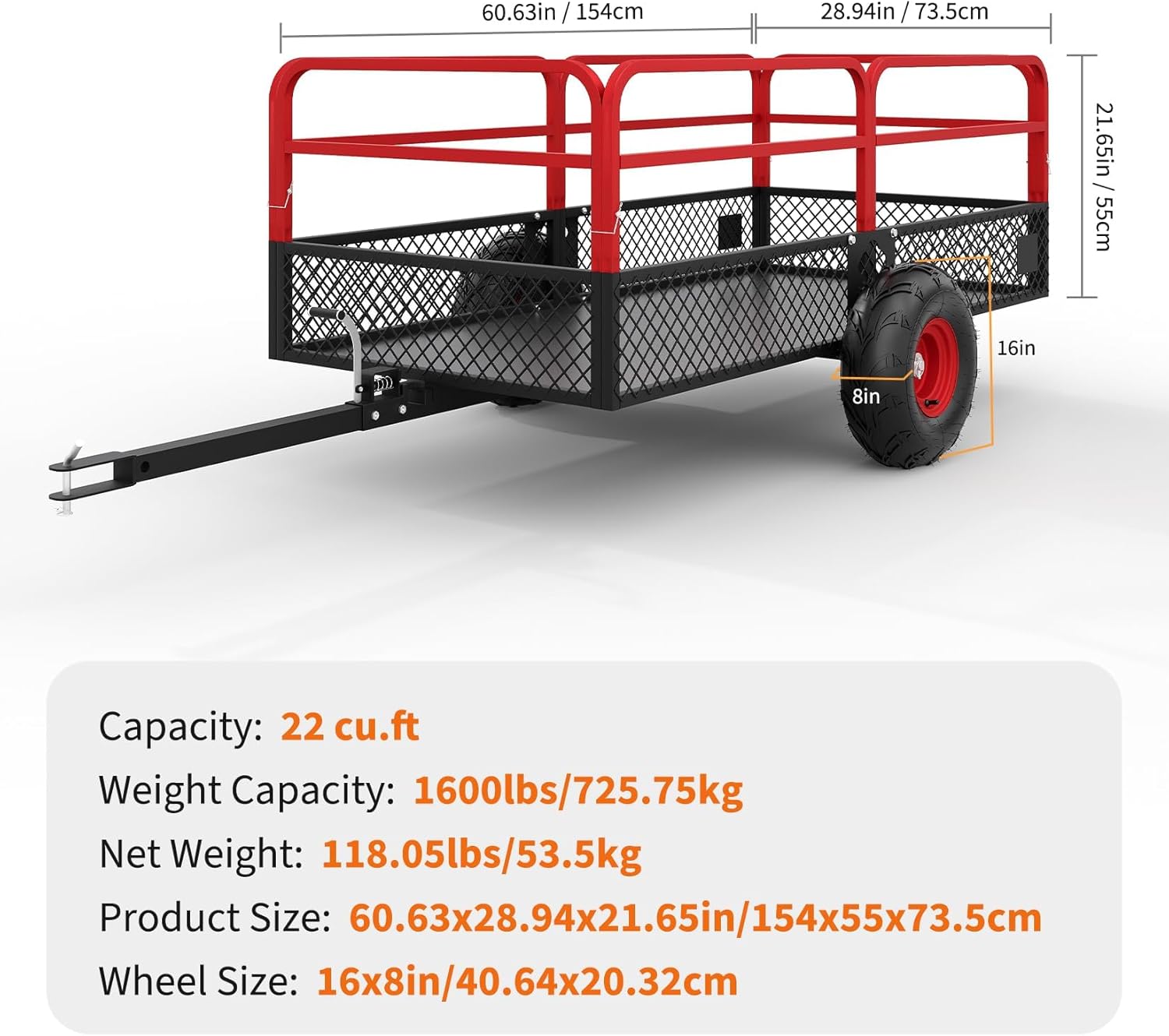 GarveeLife ATV UTV Trailer Tow Behind Dump Cart, 1600 lbs 22 Cubic Feet Heavy Duty Yard Garden Trailer Pull Behind with Removable Sides & All Terrain Tires, Fits Lawn Mower, Tractor, Garden