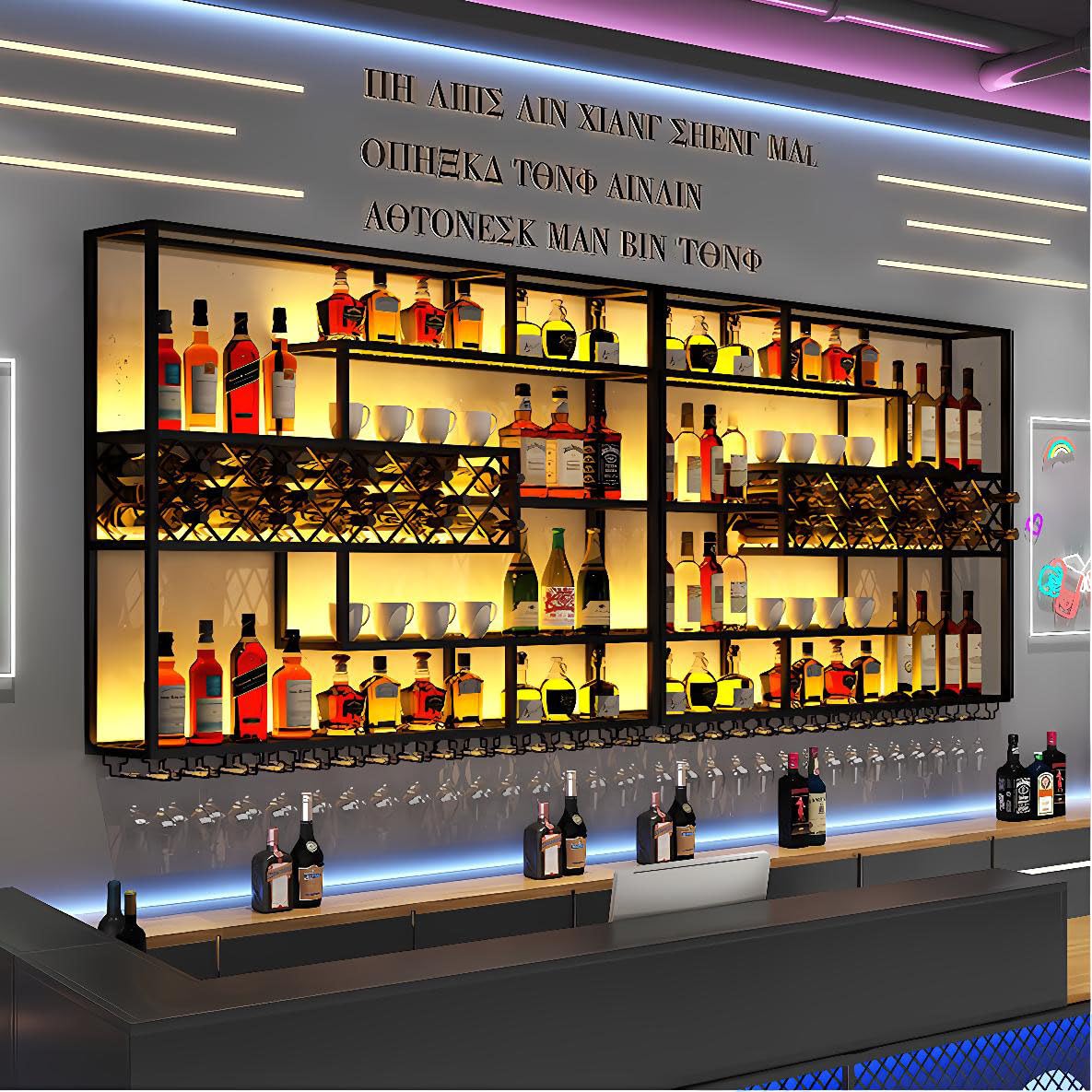 118IN Large Wall Mounted Wine Rack with LED Light, Metal Floating Liquor Bottles Shelves Wine Glass Holder, Wine Storage Display Shelf Hanging Shelf