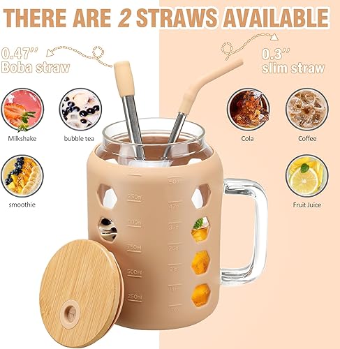 Miniatura 4 de MUKOKO Vaso de vidrio con tapa de bambú y pajita, botellas de agua de vidrio de 50 onzas con marcador de tiempo, taza de café helado con asa, taza