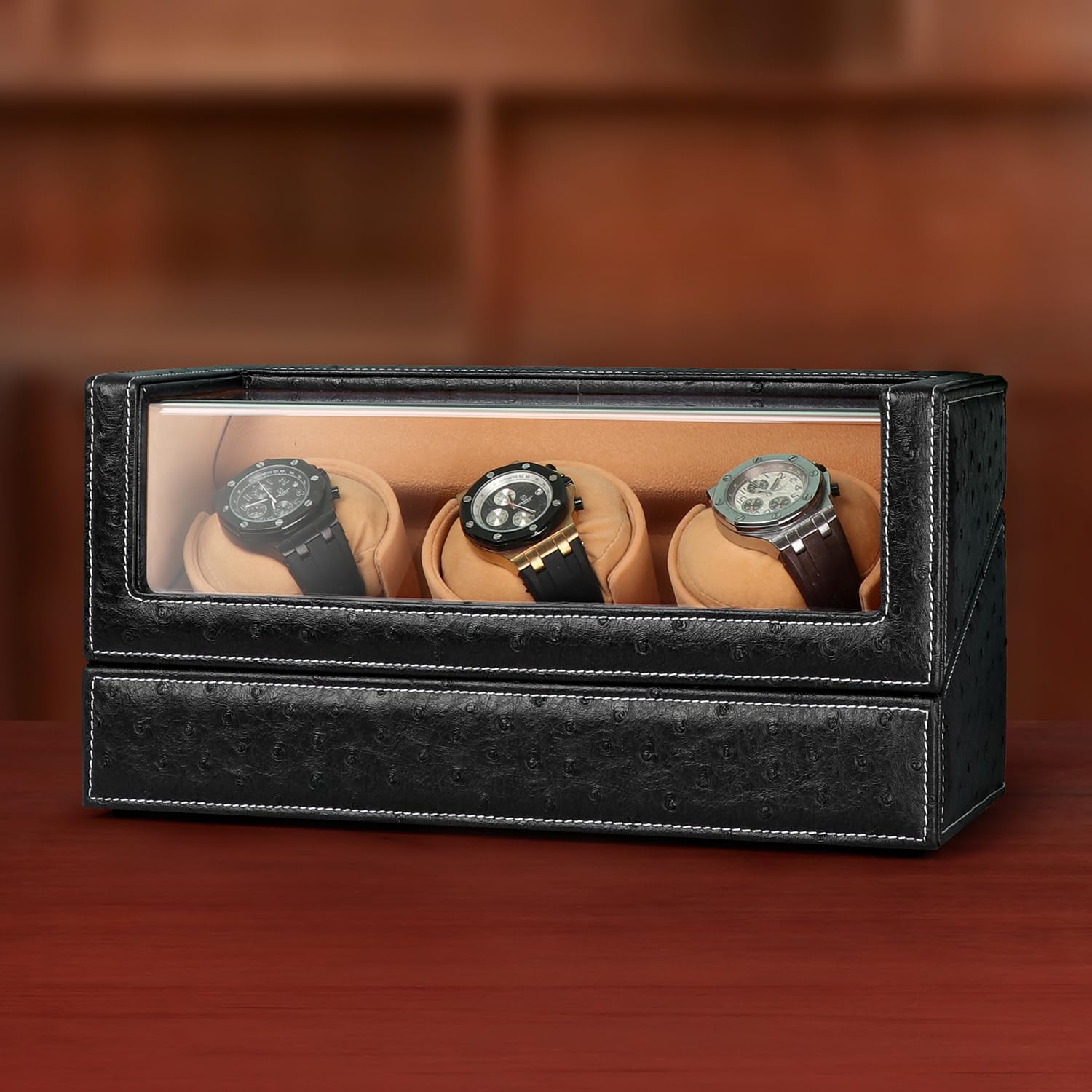 Caricatore automatico per orologi Rolex e altri orologi di lusso, carica automatica con motore silenzioso, esterno in pelle di struzzo nera di alta qualità e morbidi cuscini flessibili in