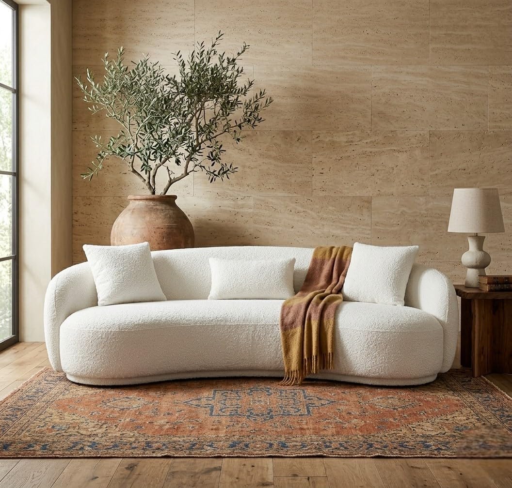 Boucle Fabric 3 Seater Sofa | Modern Compact Upholstered Couch with Comfortable Seating | Stylish Living Room Sofa for Home & Office (Cream, 3 Seater)-image-1