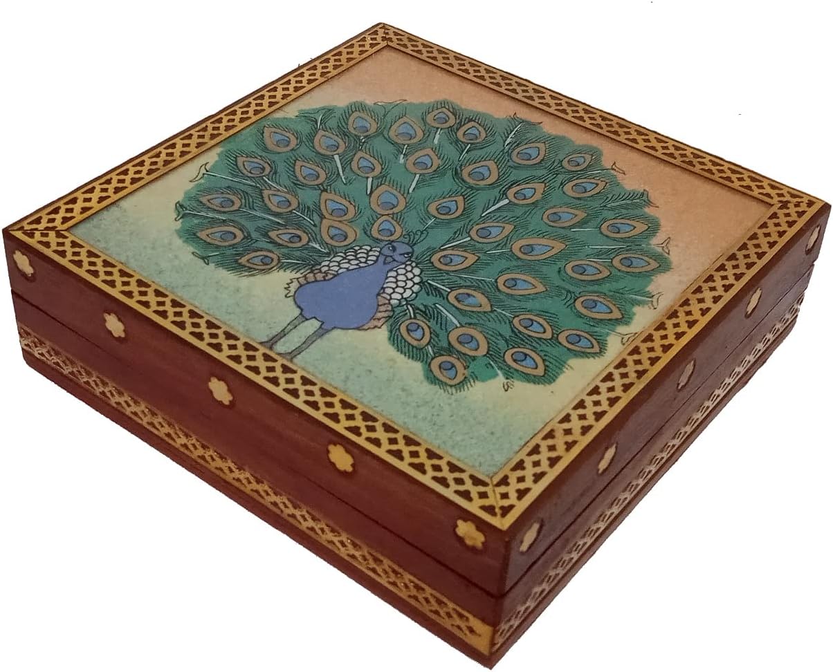 Purpledip Wooden Gemstone Painting Box Peacock: Collectible Souvenir Gift, 5 * 5 Inch (12522C)