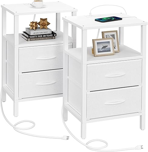 Miniatura 16 de TUTOTAK Mesa auxiliar con estación de carga, mesa auxiliar con 2 puertos USB y tomacorrientes, mesita de noche con cajón de tela, juego de 2, mesa