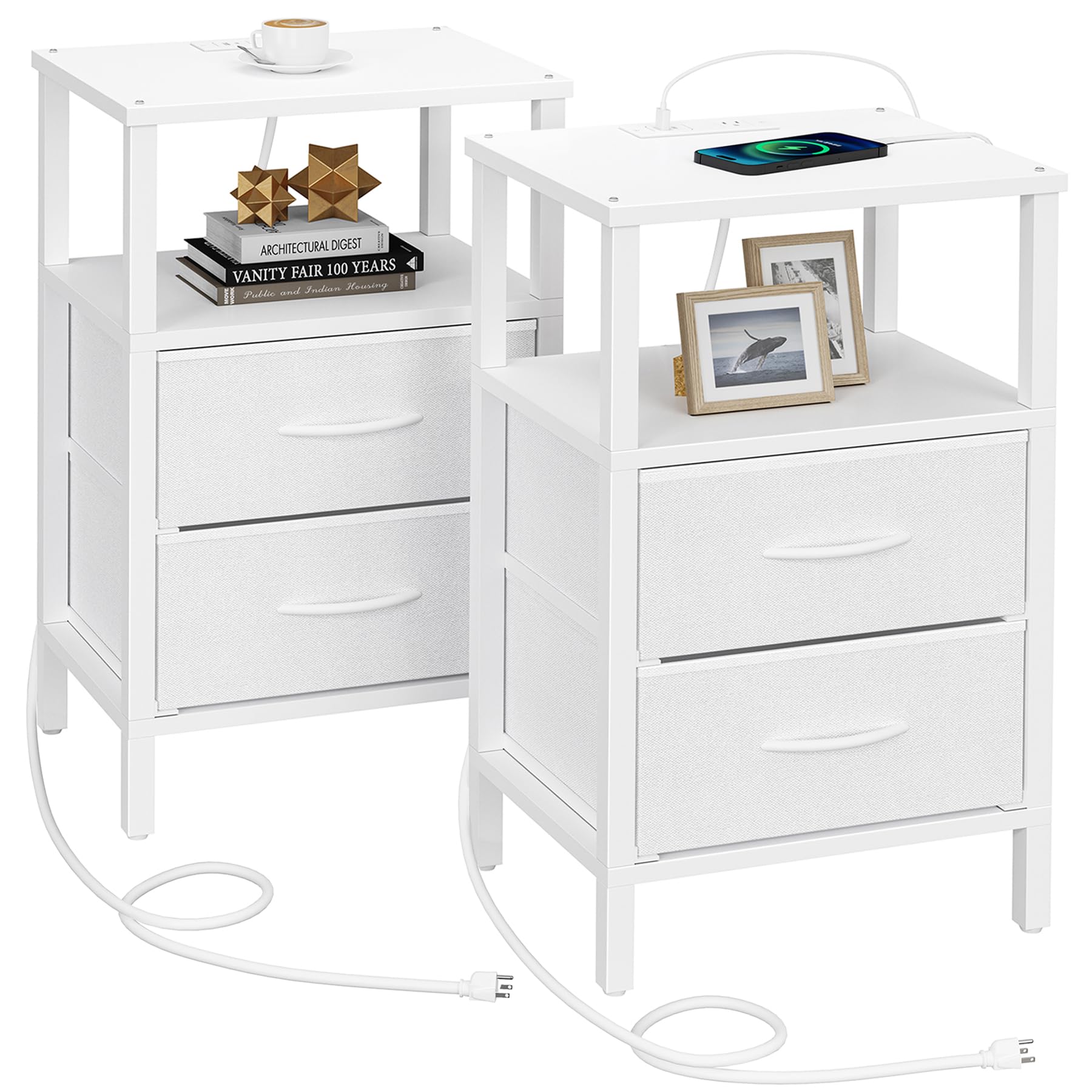 TUTOTAK End Table with Charging Station, Side Table with 2 USB Ports and Outlets, Nightstand with Cloth Drawer, Set of 2, Couch Table, White TB01BW067