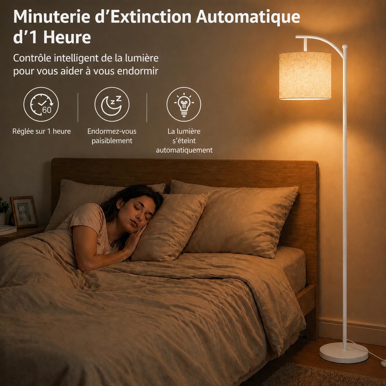 Torkase Lampadaire sur Pied LED Blanc à Arc avec Abat-Jour Tissu