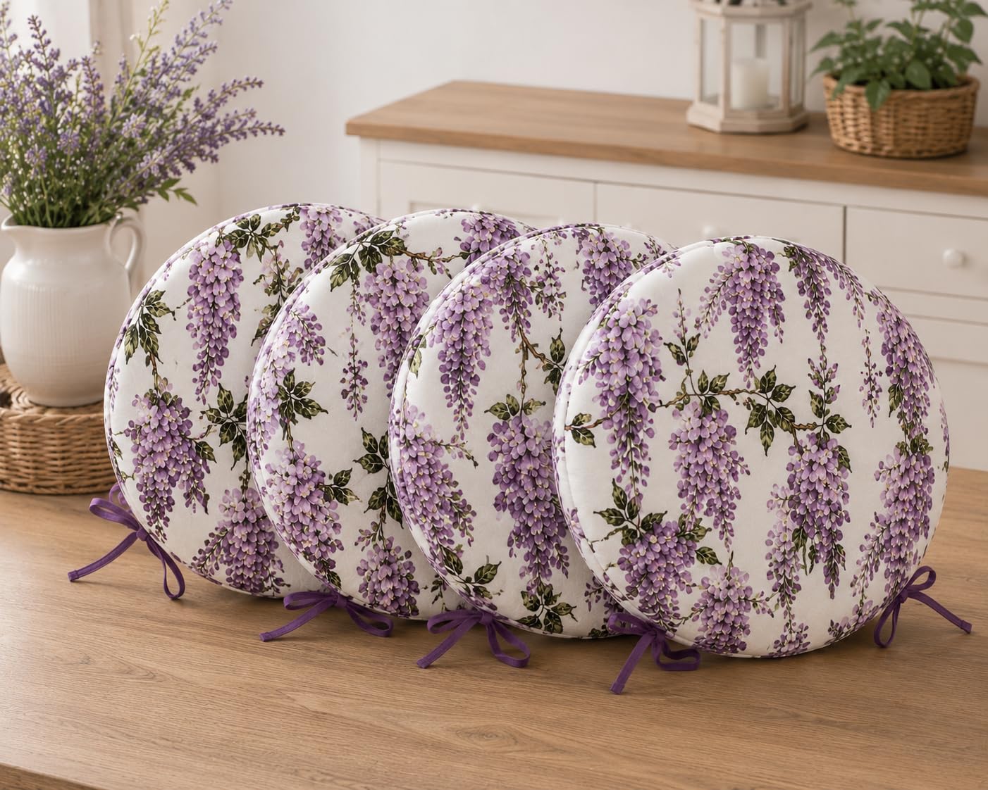BOTTARO - Set 4 Cuscini Sedia Rotondi Con Cerniera a Fantasia in Puro Cotone Mercerizzato – Diametro 40 cm – Coprisedia Imbottito con Laccetti – Made in Italy - Art. Glicine