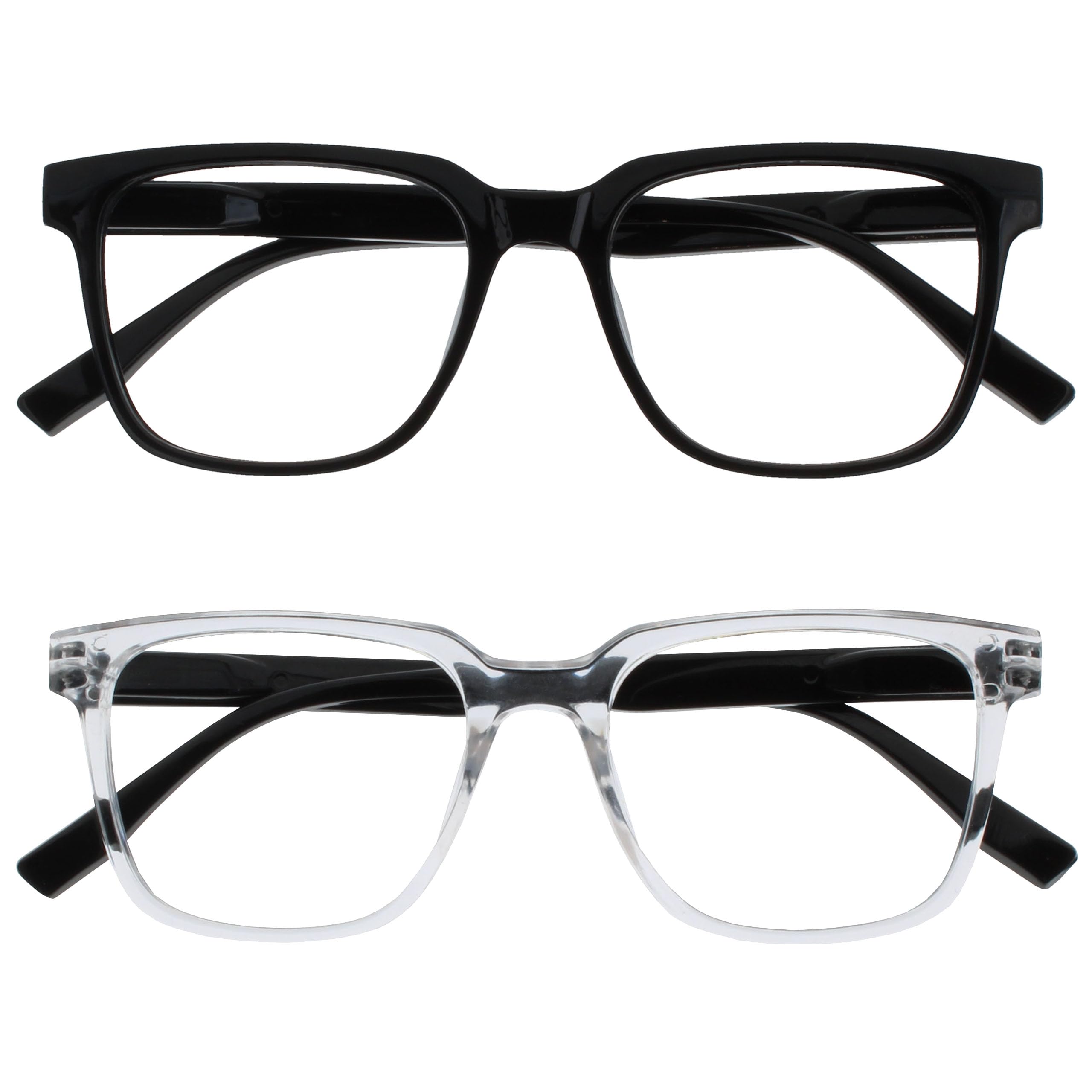 OPULIZE LEO Reading Glasses - 2 -Pack - Large Rectangular Frame - Black, Clear - Mens Womens - Spring Hinges - RR55-1C - +1.00