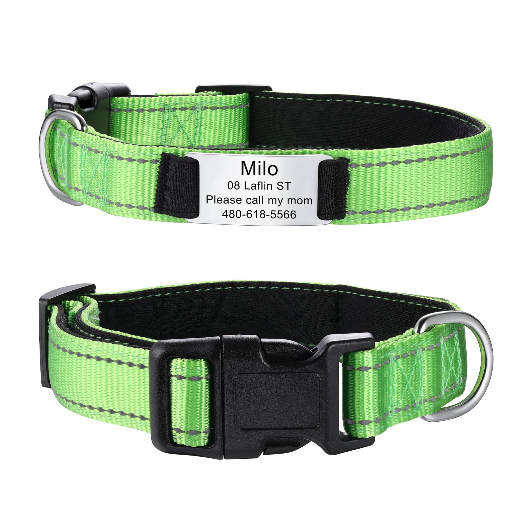 MeMeDIY Personalized Dog Collars Padded Reflective Nylon Dog Collar with Engraved Name Pet ID Tag Silent Stainless Steel Nameplate Adjustable Collar for Small Medium and Large Dogs -Green, S