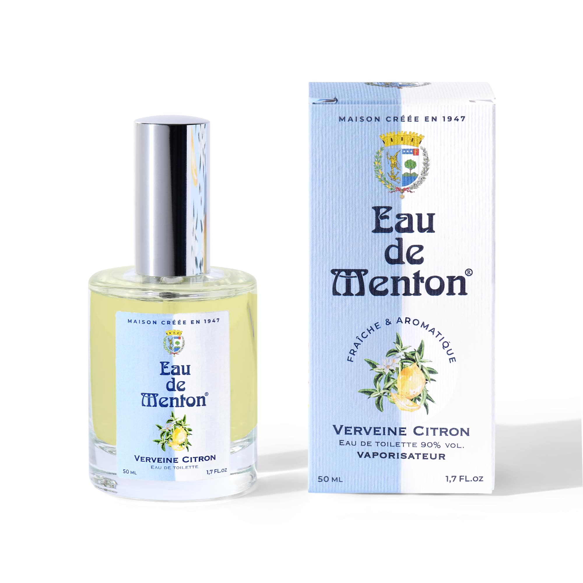Eau de Menton Verbena-Lemon - Agua de colonia aromática cítrica - Fragancia unisex fresca y natural - Notas de hierbas y cítricos - Perfume artesanal francés - 50.3 ml (50 ml)