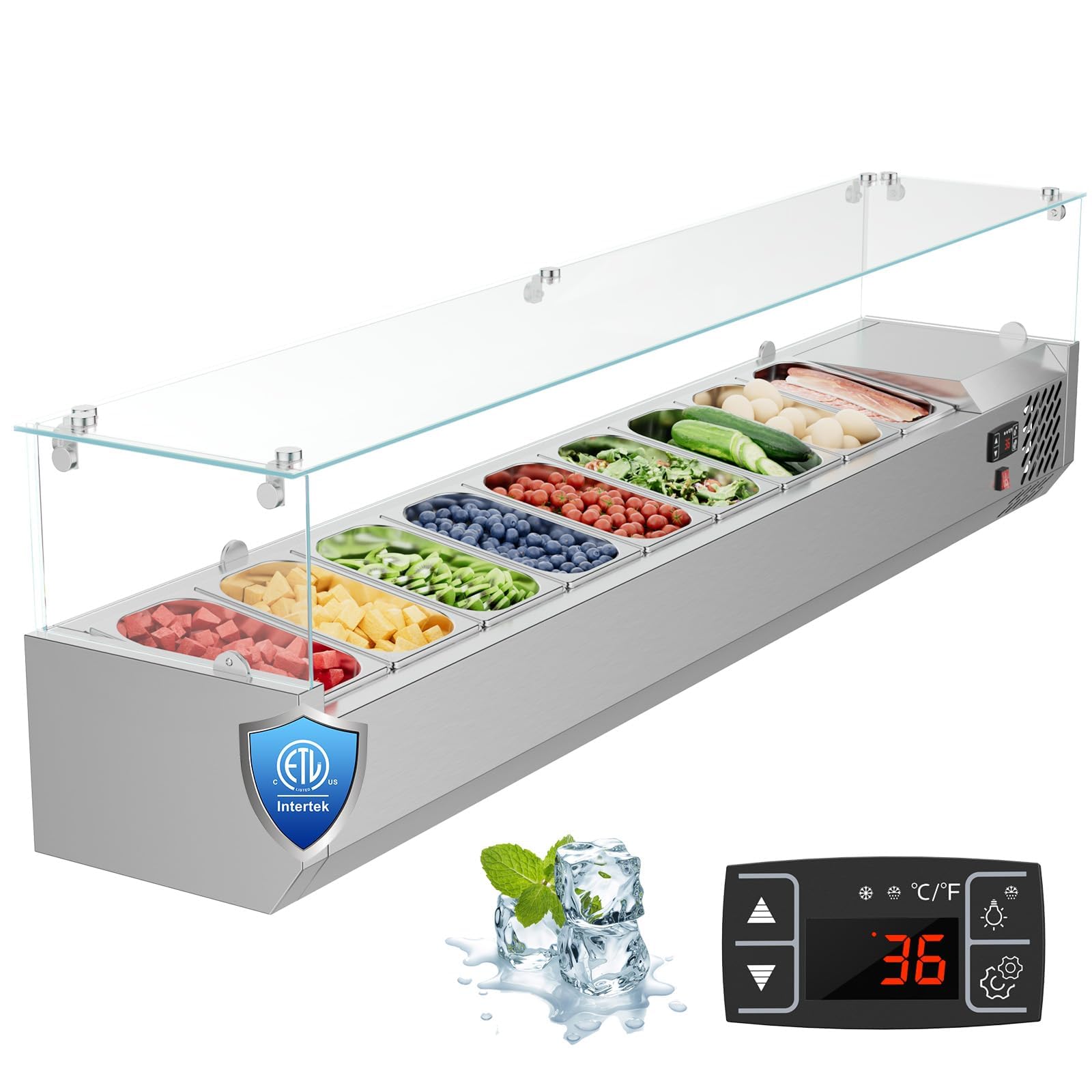 Mojgar ETL Certified 71 inch Sandwich & Salad & Pizza Bar Refrigerator Countertop,304 Stainless Steel Food Prep Table Station Fridge,Commercial Condiment Cooler with 1/4 Pan*9,Glass Guard