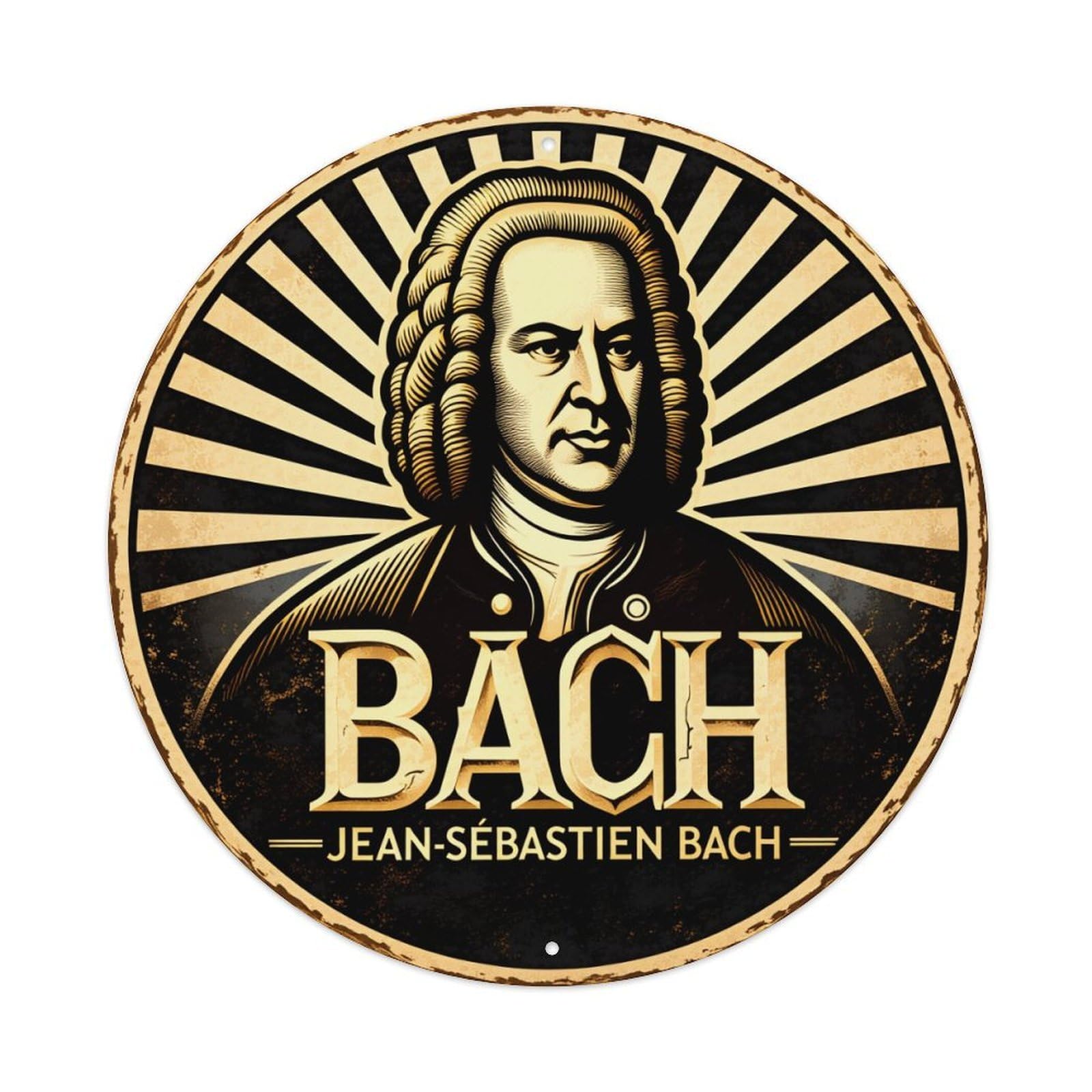 Bach Portrait Sunburst Gold Black Round Tin Sign Vintage Metal Poster, Home Bar Garage Man Cave Cafe Indoor & Outdoor Wall Decoration 8x8Inches