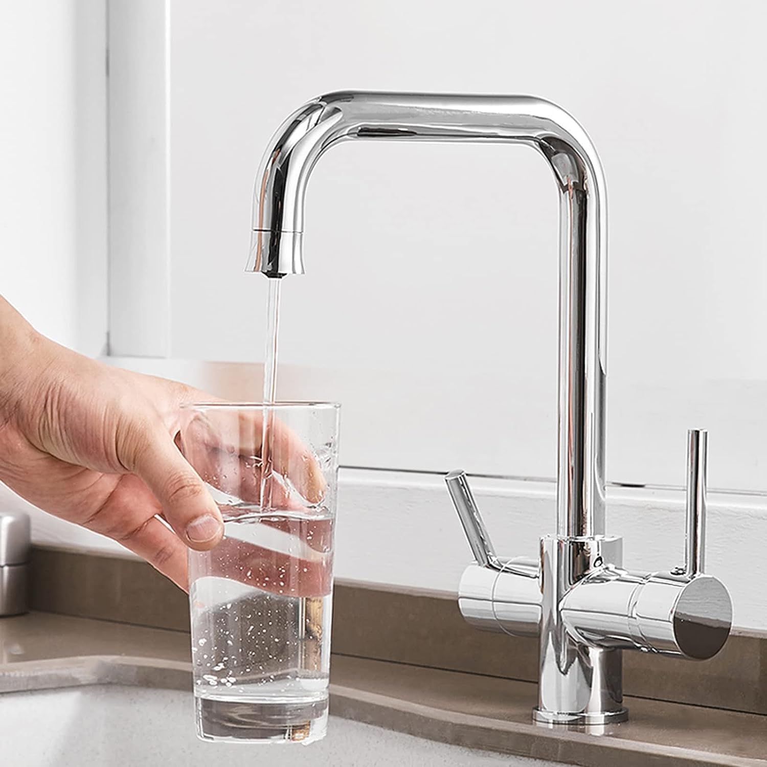 FCXWEVR 3Way Black Water Filter Faucet for Kitchen Sink Dual Handle Reverse Osmosis System Stylish Oatmeal Chrome Finish Easy Installation Enhanced Filtration