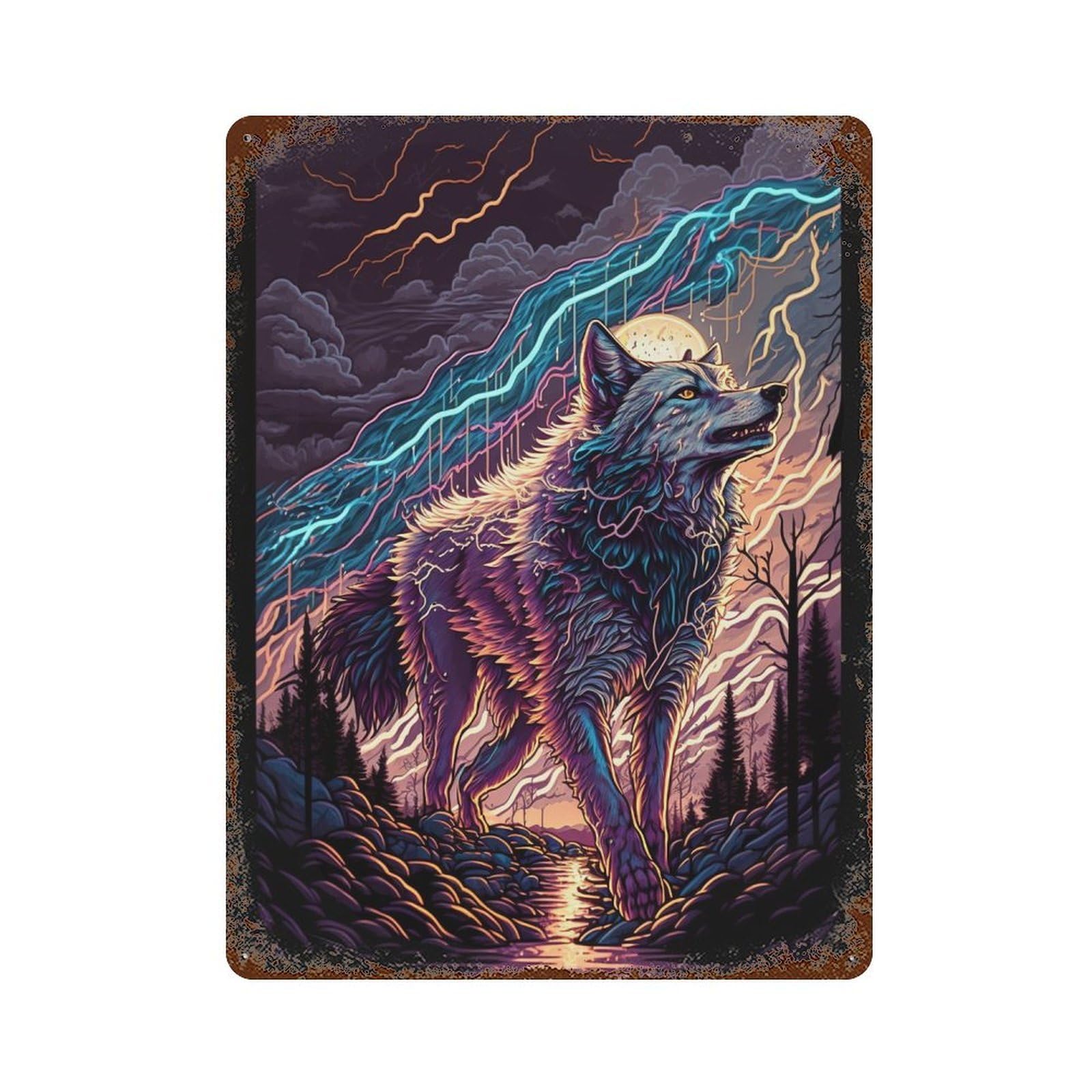 Electric Wolf in Stormy Night Vintage Wall Sign 15.7"x11.8", Rust Effect Metal Decor for Shed, Workshop And Garage Wall Decor
