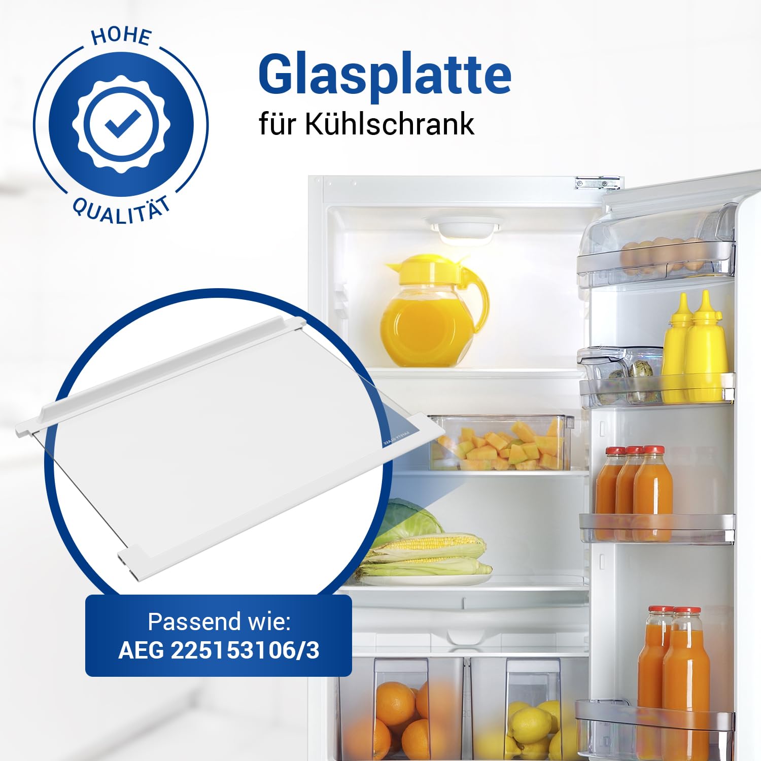 VIOKS Einlegeboden Kühlschrank 477x305mm Ersatz für AEG 225153106/3 Kühlschrank Glasplatte - Kühlschrаnk Regal Innen Glasboden Glasscheibe mit Halteleiste Vorne und Hinten