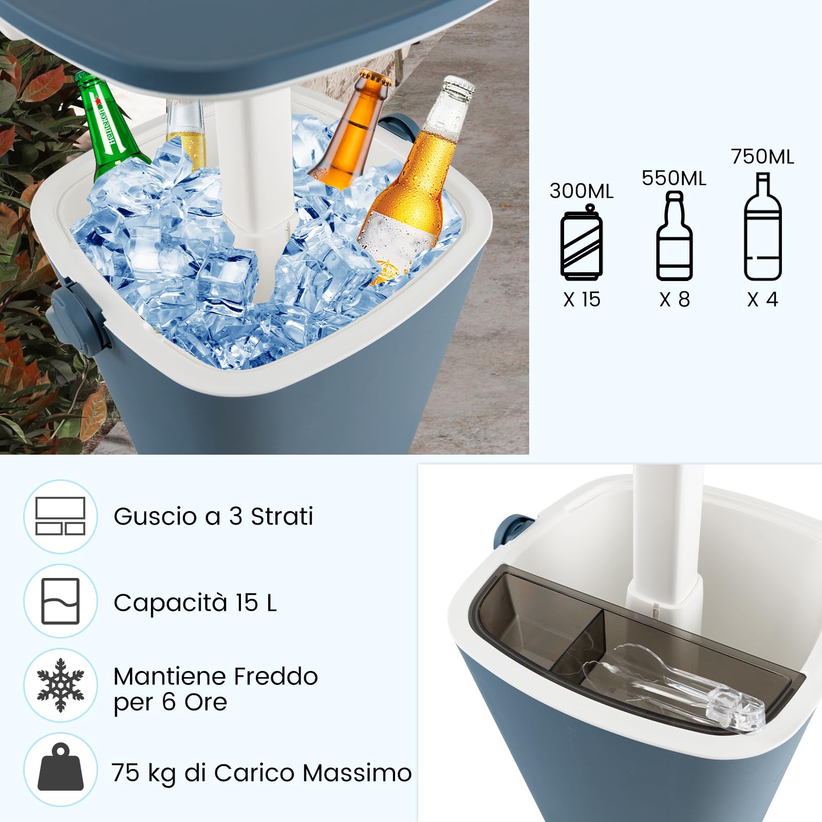 COSTWAY 3-in-1 Cool Box Portatile 15L con Piano Rialzabile 34 x 35 x 37-58 cm, Secchiello Ghiaccio con Apribottiglie e Pinza per Alimenti, Tavolino Portaghiaccio, per Piscina e Spiaggia (Blu)