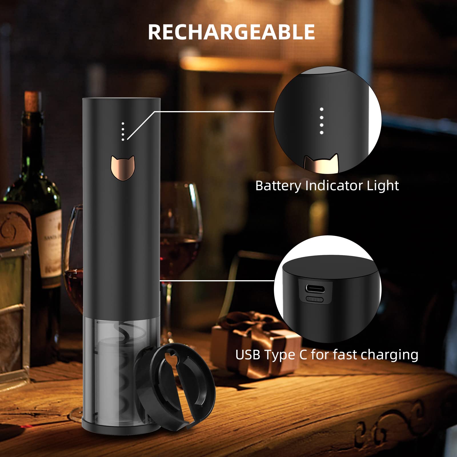 Wine Gifts - Abridor de vino eléctrico, abrebotellas de vino automático, recargable, inalámbrico, abridor de botellas de vino con cortador de aluminio, aireador vertedor 2 en 1, tapón al vacío, caja
