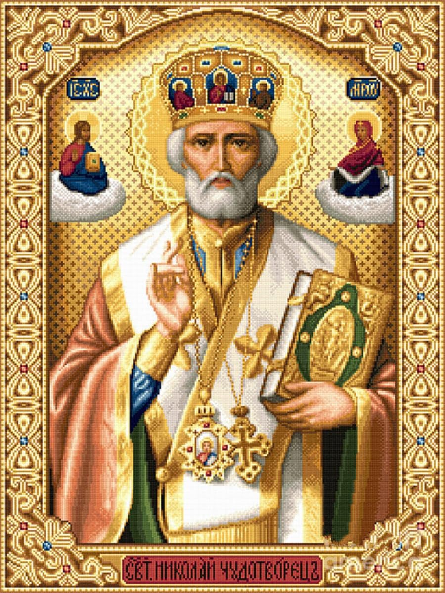 Yscolor White 5D Crystal Crafts Diamond Painting Mosaic Icons St. Nicholas Of Myra 3D Round Diy Diamond Embroidery Pattern Orthodox Religion 11.8X15.8in/30X40cm
