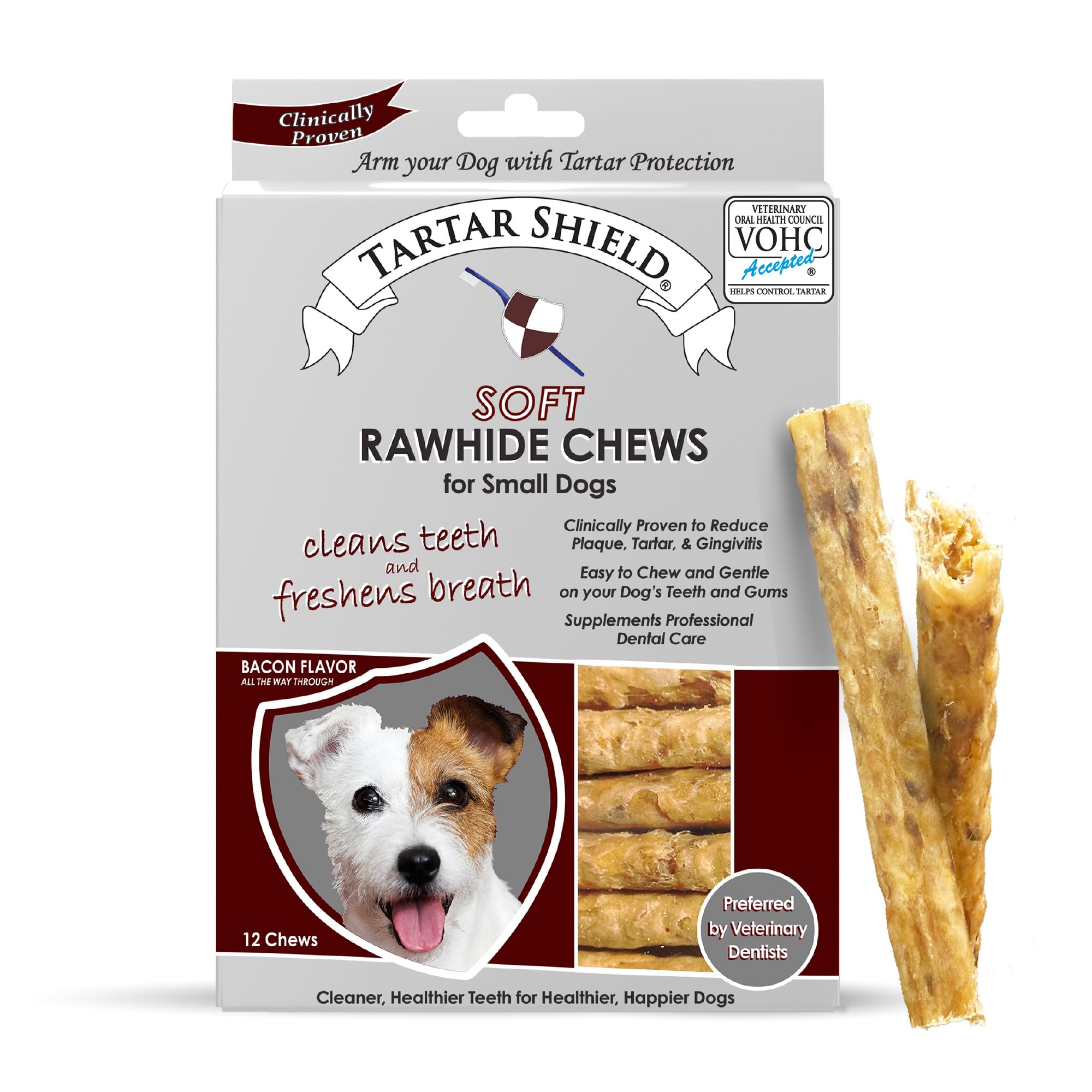 Tartar Shield Soft Rawhide Chews | Safe Dental Treats for Small Dogs | Vet VOHC Approved | Daily Bone Cleans Teeth & Gums Fresh Breath Oral Health Support | USA Made | (Small Dogs / 12 Count)