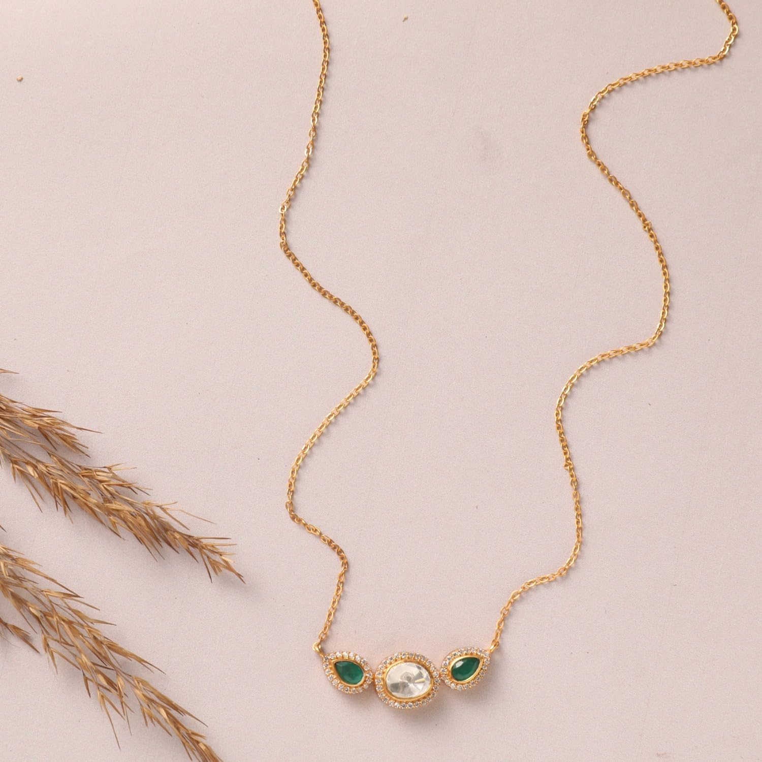 TARINIKA Mystic Green Moissanite Silver Necklace for Women, 925 Sterling Silver with Yellow Gold Plating, CZ Halo & Pear Cut Green Gemstones, Elegant Jewelry with Hook & Link Closure - Image 2