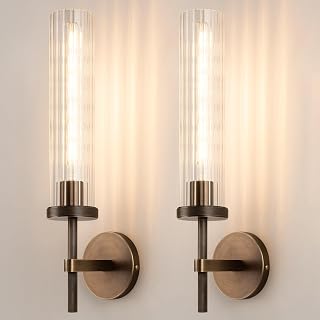 19.5" Knurled‑Craft Hardwired Bronze Wall Sconce-2 Pack | Vertical‑Striped Glass Lampshade, Modern Light Fixture for Mirror, Bedroom, Hallway, Living Room & Staircases