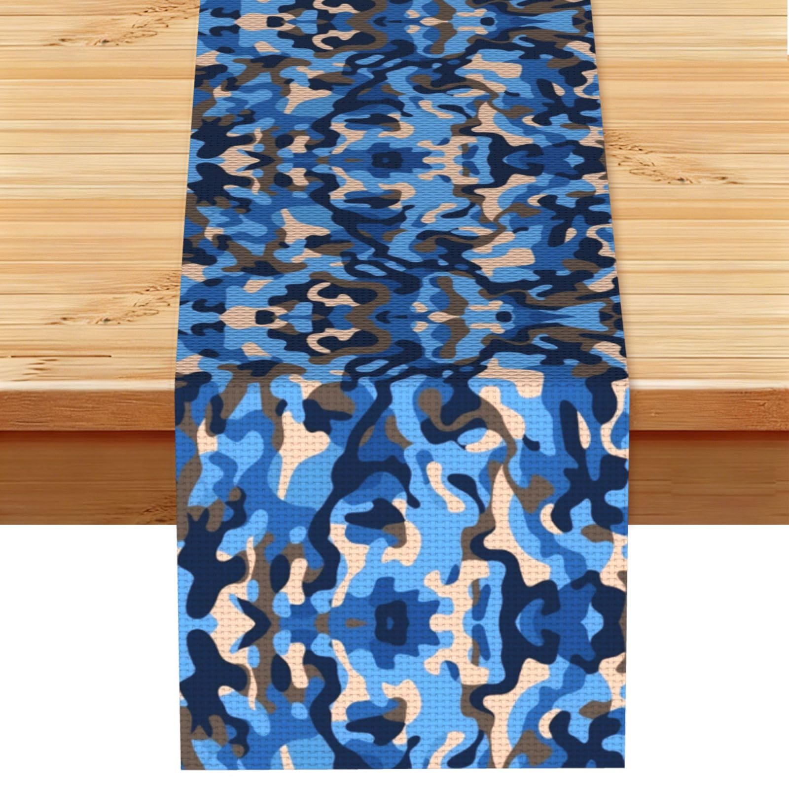 Fluid Blue Beige Camo Printed Table Runner 13 x 72, Wrinkle Resistant Decor for Dining Table Coffee Table Fireplace