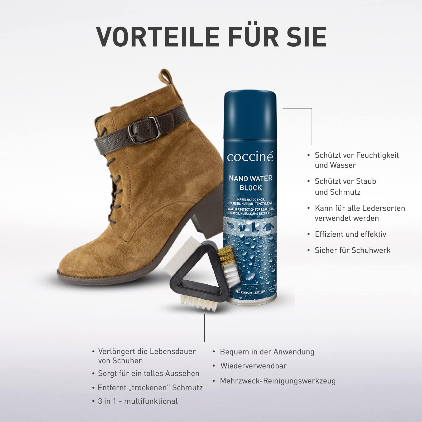 Coccine - Spray Impermeabilizzante per Camoscio e Nabuk 400 ml con Spazzola 3 in 1, Kit di Impermeabilizzazione e Pulizia Scarpe, Protezione Idrorepellente, Eliminazione dello Sporco Secco