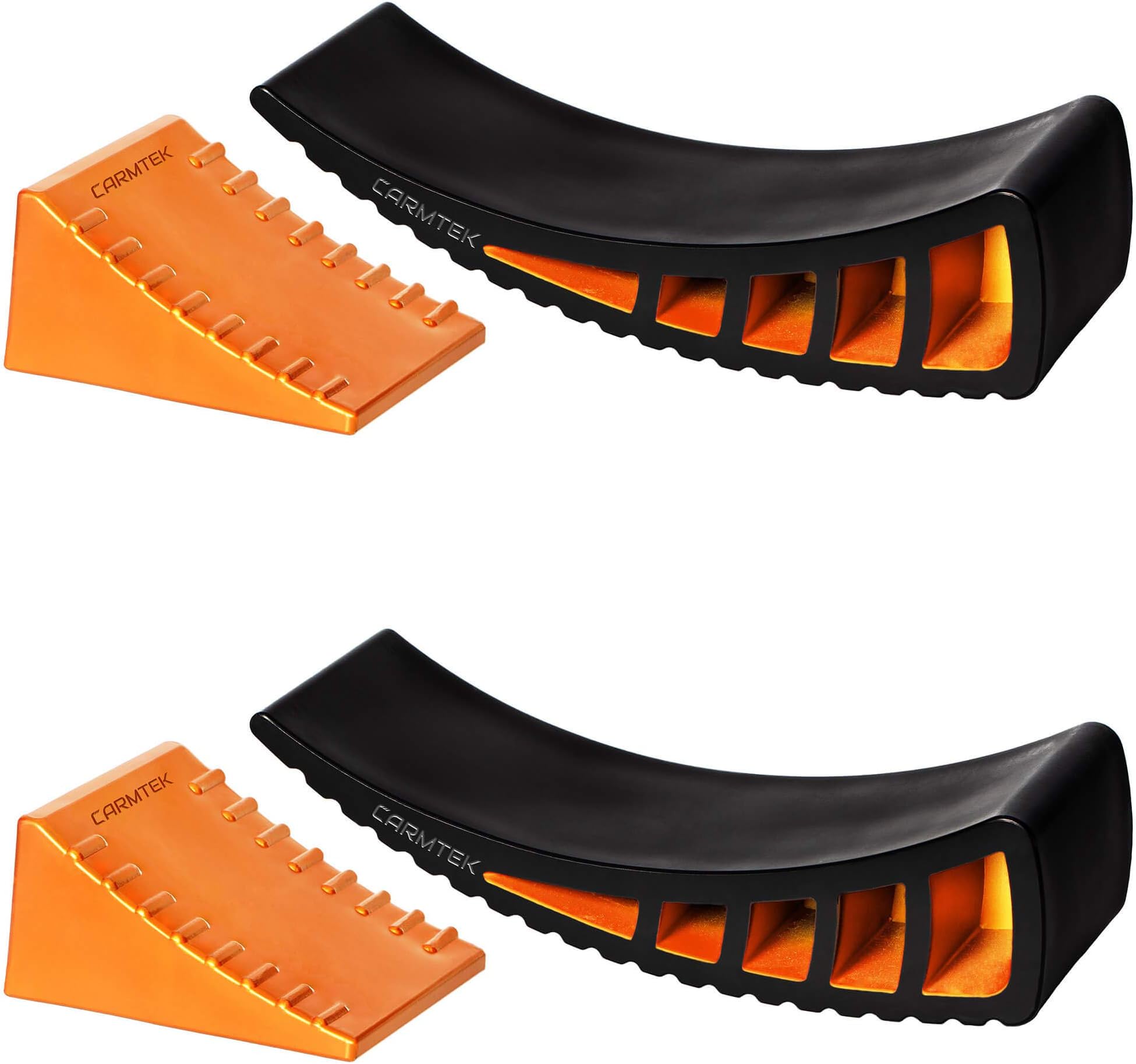 CARMTEK Camper Leveler 2-Pack Kit | Curved RV Levelers with Trailer Wheel Chocks for Dual Axle Trailers | Faster RV Leveling System Than RV Leveling Blocks | RV Accessories for Travel Trailers
