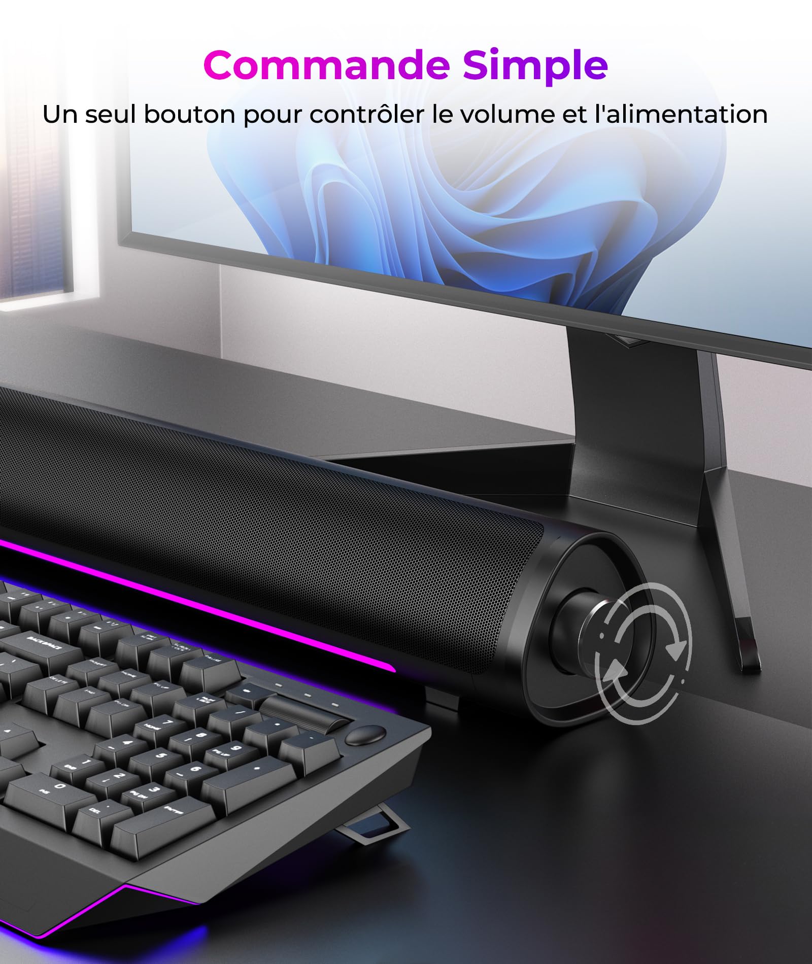 Enceintes d'Ordinateur de Bureau et Gaming, Barre de Son, Plug and Play – Alimentation USB d'Audio 3,5 mm, Éclairage RVB Dégradé, Commande à un Bouton, pour PC/Portable/Moniteur (USB et 3,5 mm)
