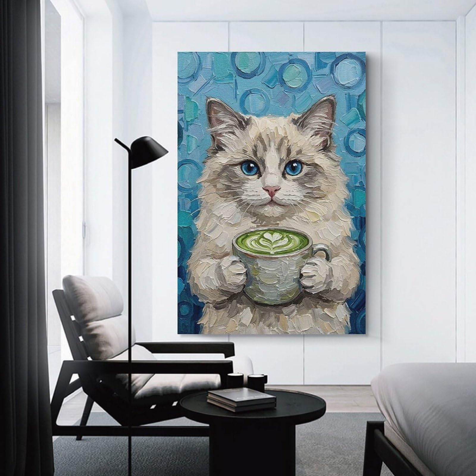 Junmoney Canvas Wall Art Cat with Matcha Latte Painting, 16x24inch(40x60cm), for New Homes, Bedrooms Or Workspaces, Canvas Artwork with Gifting Potential