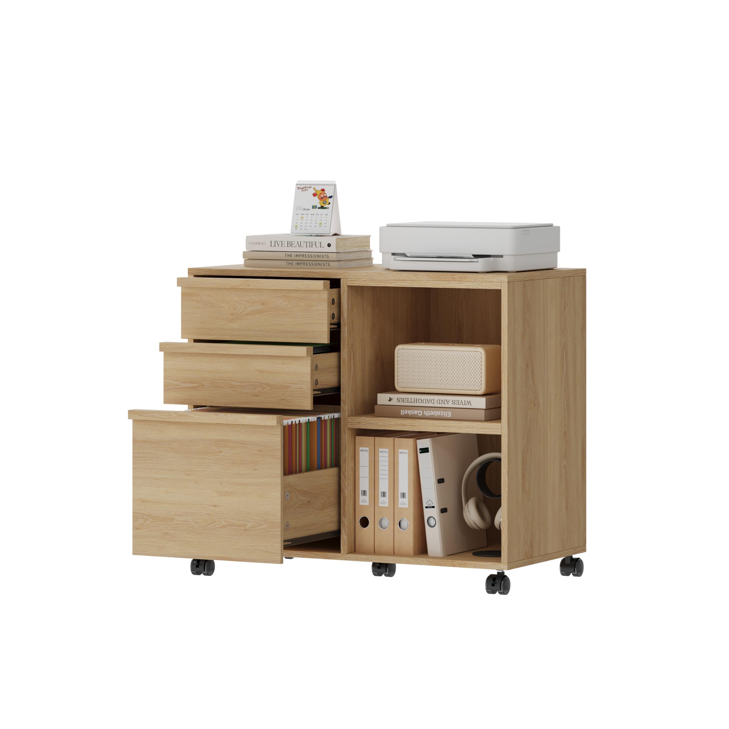 Garvee Cassettiera archivio su ruote per ufficio - 3 cassetti + 2 vani a giorno - per cartelle sospese A4/Letter, supporto stampante, ruote con freno - Colore legno naturale, 3 drawers with shelf