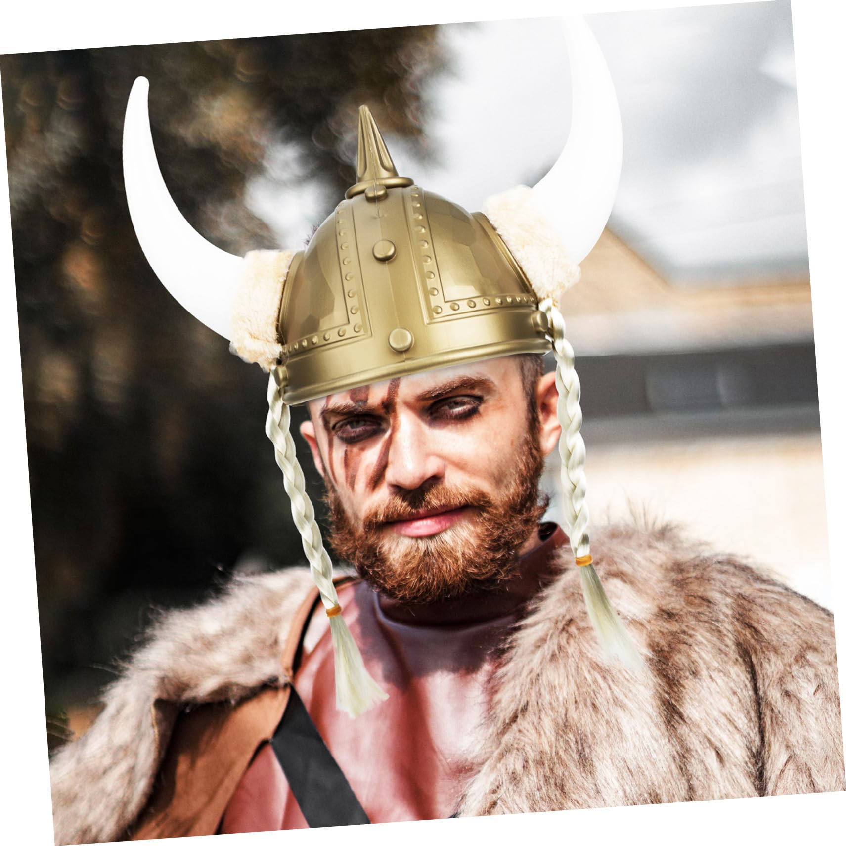 Cappello da Guerriero Vichingo Corna in Plastica Oro Decorativo per Costume Uomo Accessorio per Festa e Cosplay Role-play Party