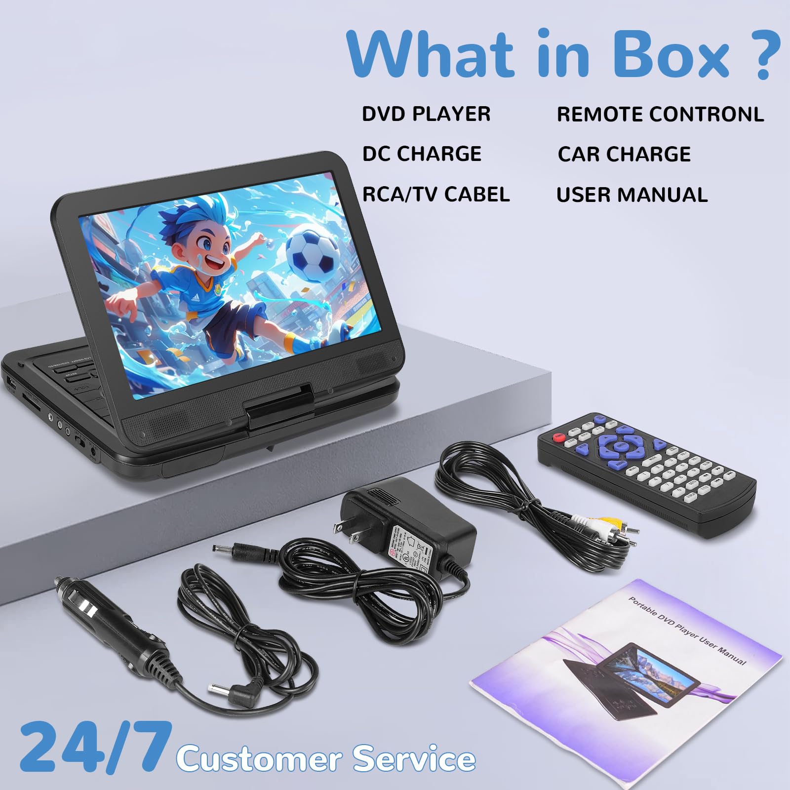 Lettore DVD portatile da 12,5 pollici con schermo girevole HD da 10,1", 5-6 ore di riproduzione, lettore DVD portatile con doppio altoparlante, supporto SYNC TV/USB/SD Card/AV, riproduce tutti
