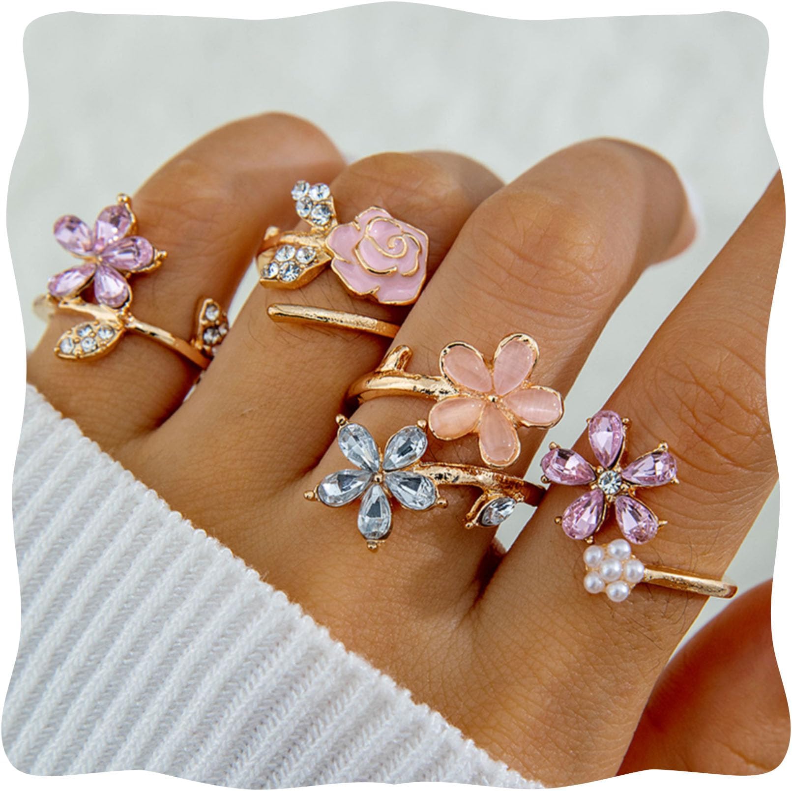Flower Rings for Women, 4 pcs Stackable Rings Set, Adjustable Cute Pretty Birth Flower Ring, Chunky Gold Fairy Jewelry for Daily Wear & Gifting