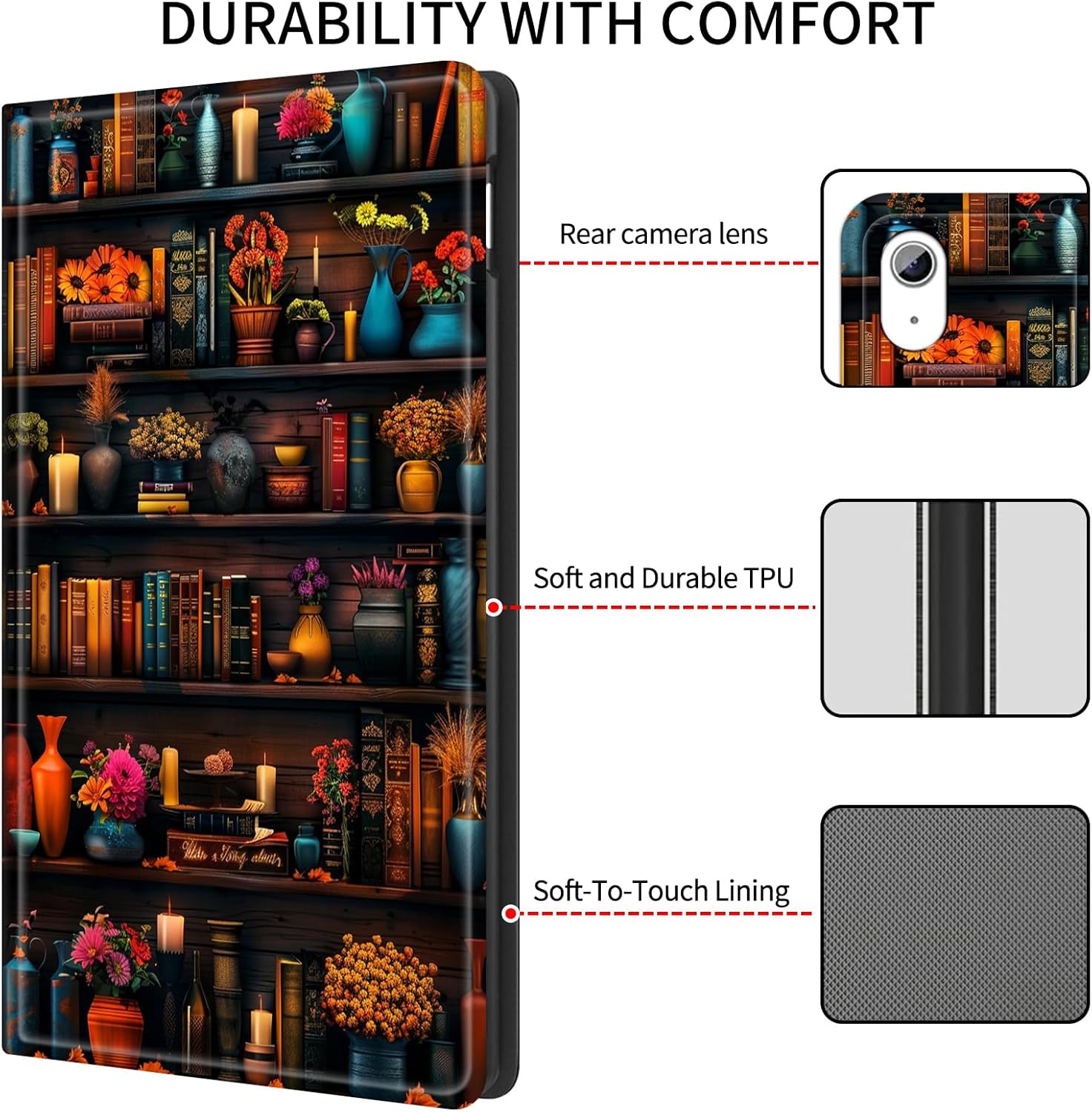 Case for iPad Air 13-inch (M3) 2025, (M2) 2024 -Slim Smart PU Leather Adjustable Stand Protective Cover with Auto Wake/Sleep,Vintage Bookshelf Flowers