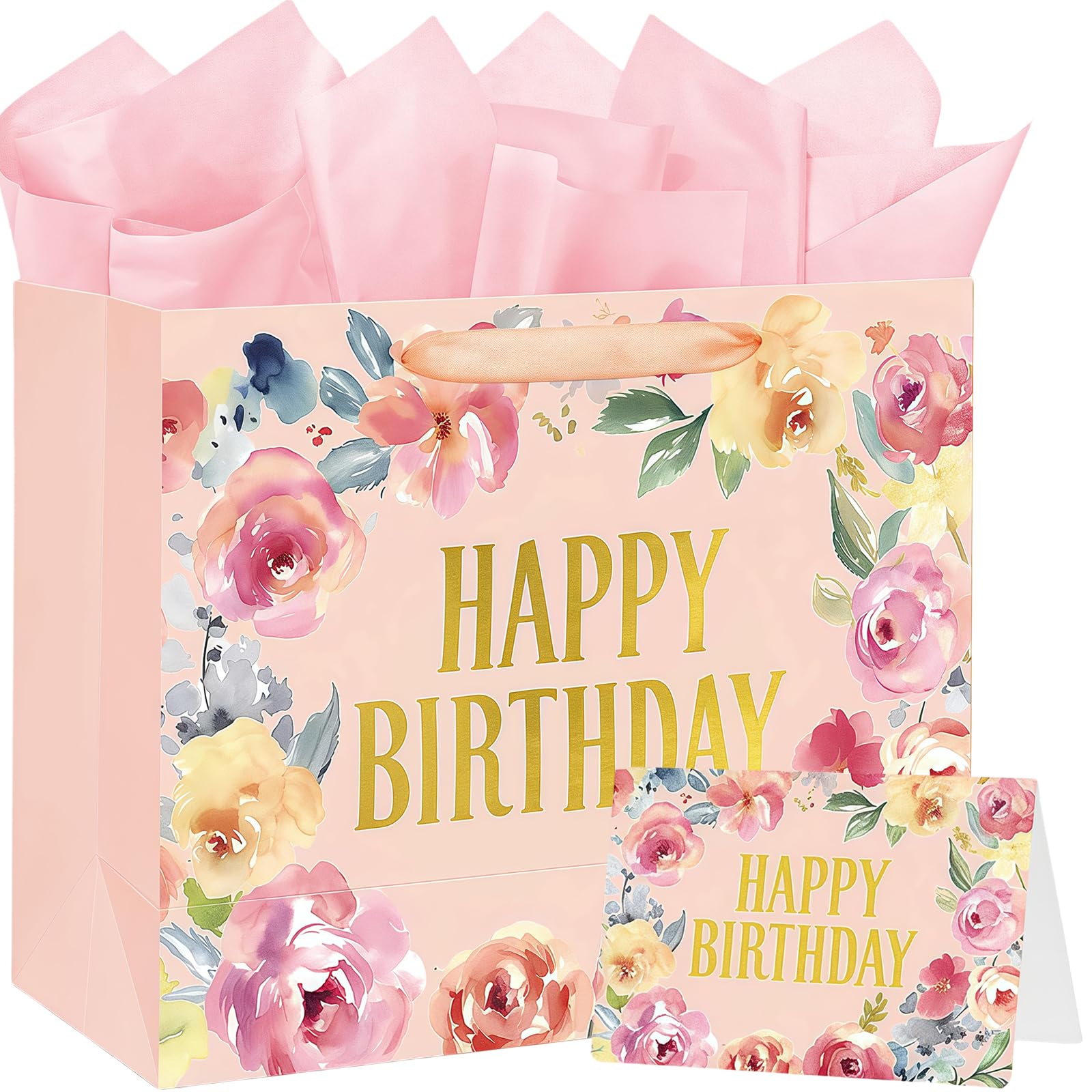 Large Floral Birthday Gift Bag with 2 Tissue Papers and Greeting Card, Medium Present Bag with Handles, 30 x 12 x 26cm Pink Gift Bag for Women, Girls Birthday Gift