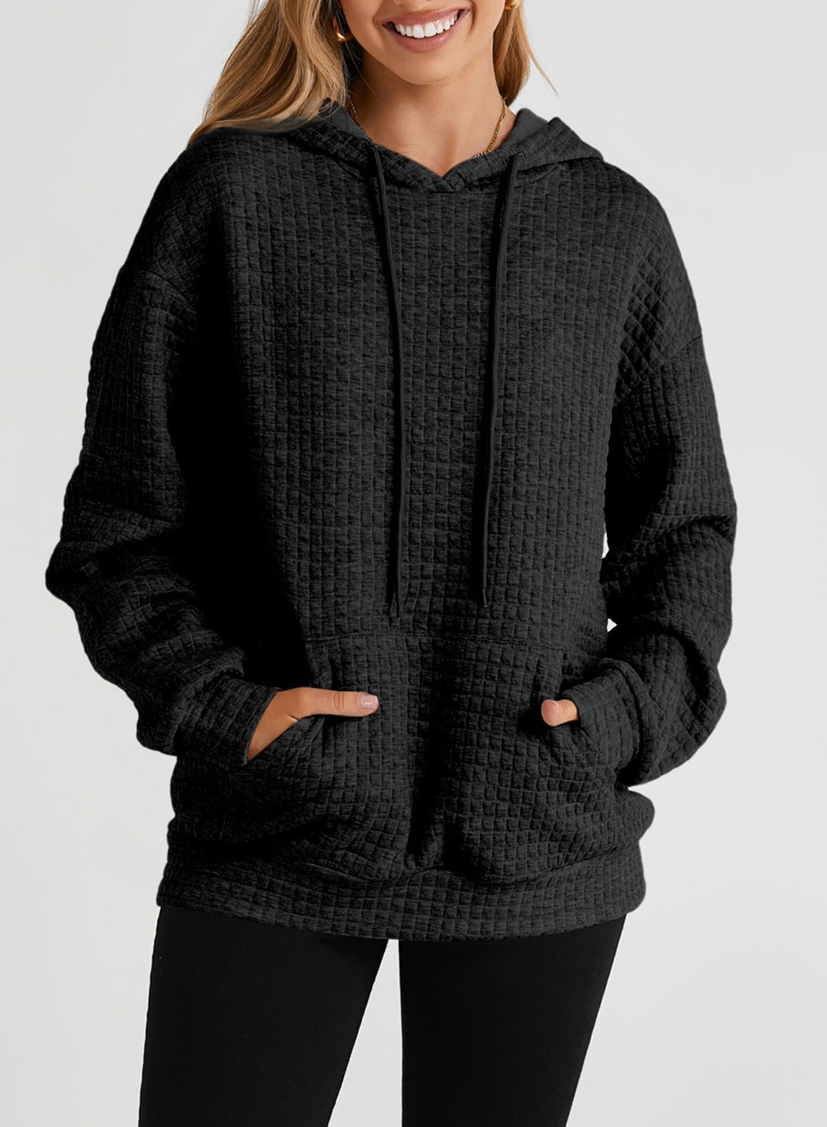 Dokotoo Kapuzenpullover Damen Hoodie Waffel Pullover mit Taschen Kordelzug Sweatshirt Einfarbig Langarmshirt Lässig Oberteile S-XXL