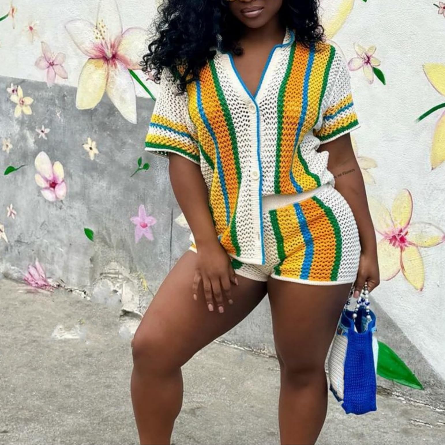 Unybwoon - Set di 2 pezzi da donna in maglia estiva con bottoni e pantaloncini trasparenti