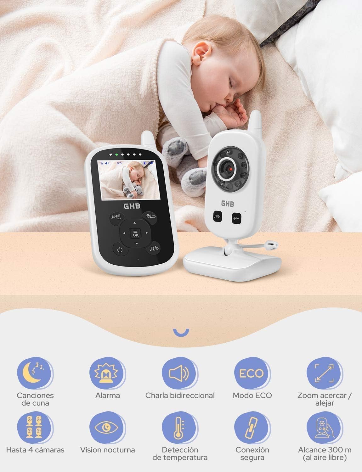 GHB Camara Vigilancia Bebe Vigilabebes con Camara LCD 2.4" | Comunicación bidireccional, VOX Visión Nocturna Visión Detección de Temperatura, Canciones de cuna
