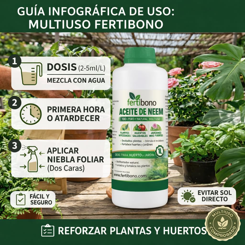 FERTIBONO Aceite de Neem 100% Puro, 1 L, Prensado en Frío, Multiusos para Plantas, Huerto y Jardín