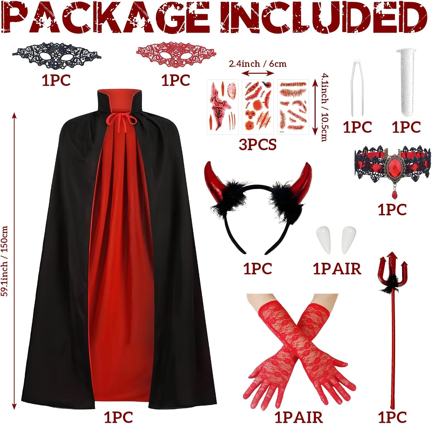 Vampire Cape Women, Vampire Cloak with Devil Horns Tooth Necklace Lace Gloves, Womens Halloween Costumes - Image 6